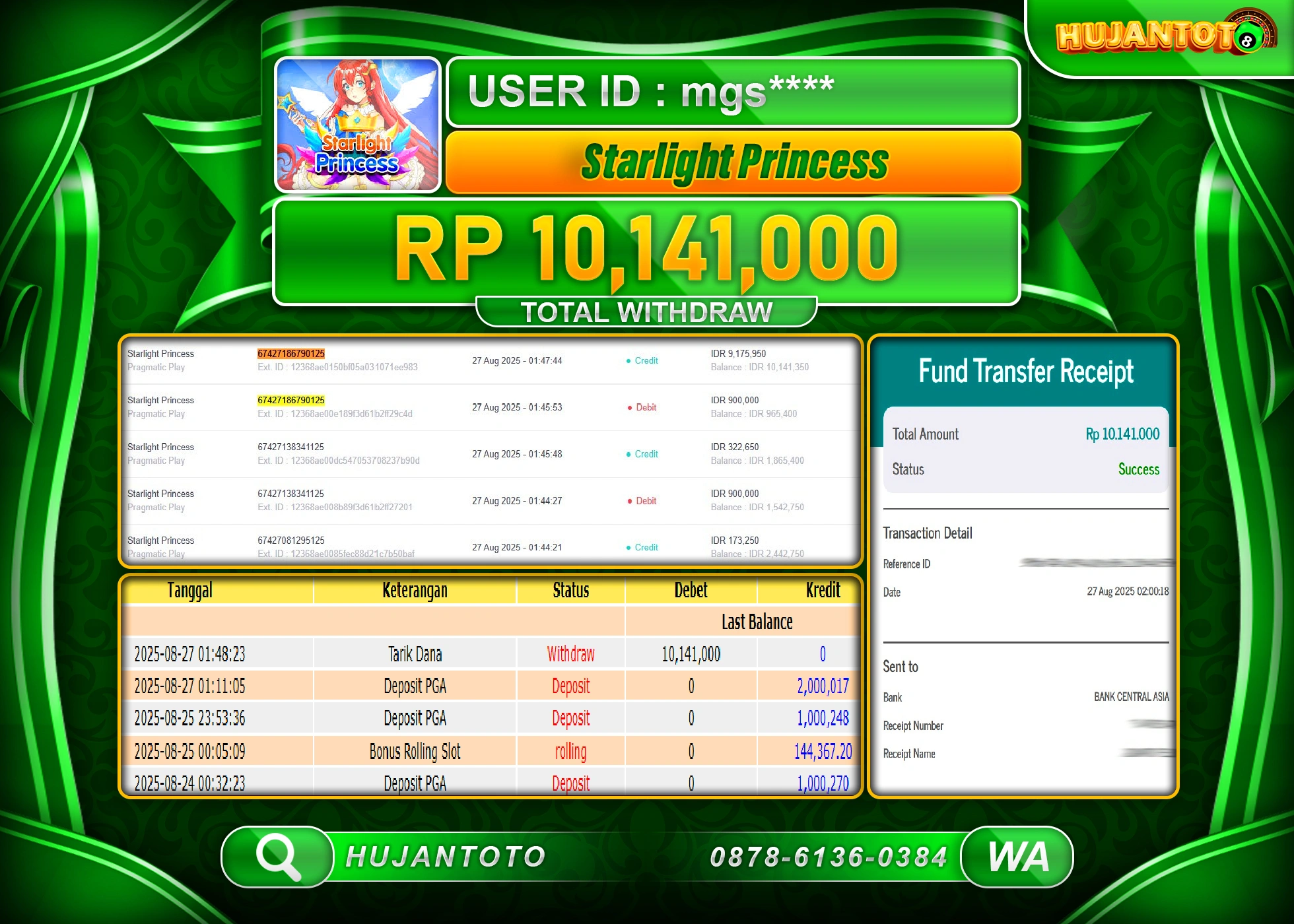 HUJANTOTO - BUKTI JACKPOT MENANG SLOT STARLIGHT PRINCESS Rp.10,141,000 - TERBAYAR LUNAS