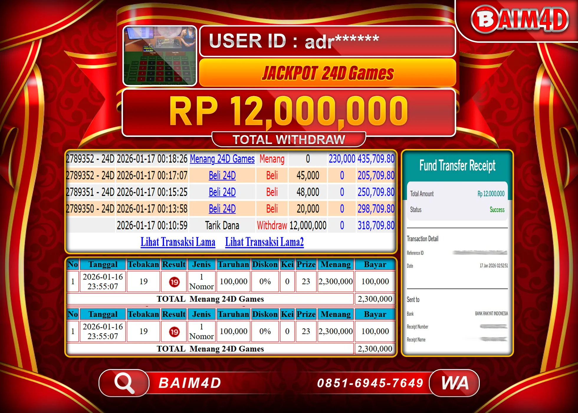 BAIM4D JACKPOT LIVE GAME 24D GAMES Rp.12,000,000 - LUNAS