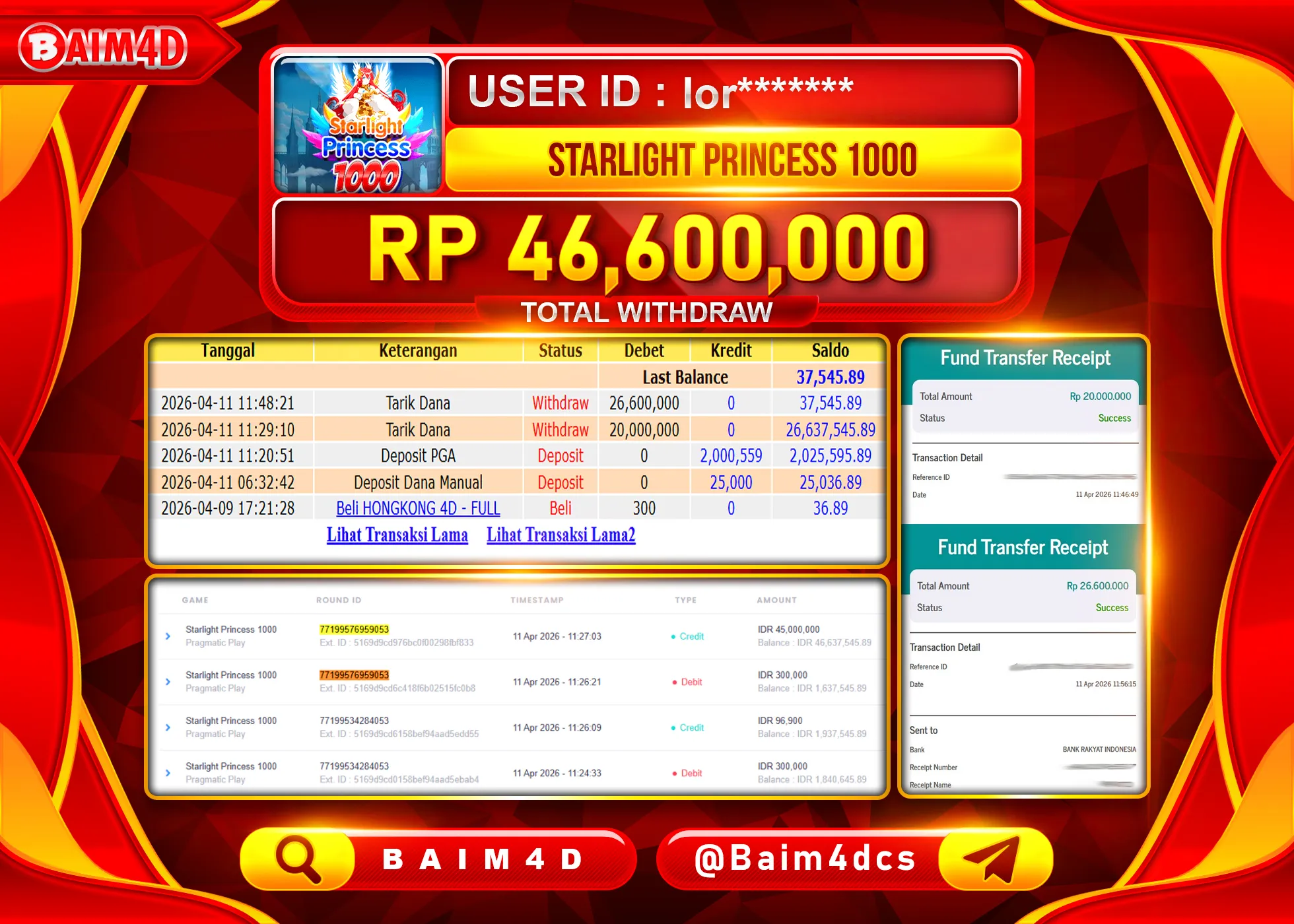 BAIM4D JACKPOT  SLOT STARLIGHT PRINCESS 1000 Rp.46,600,000 - LUNAS