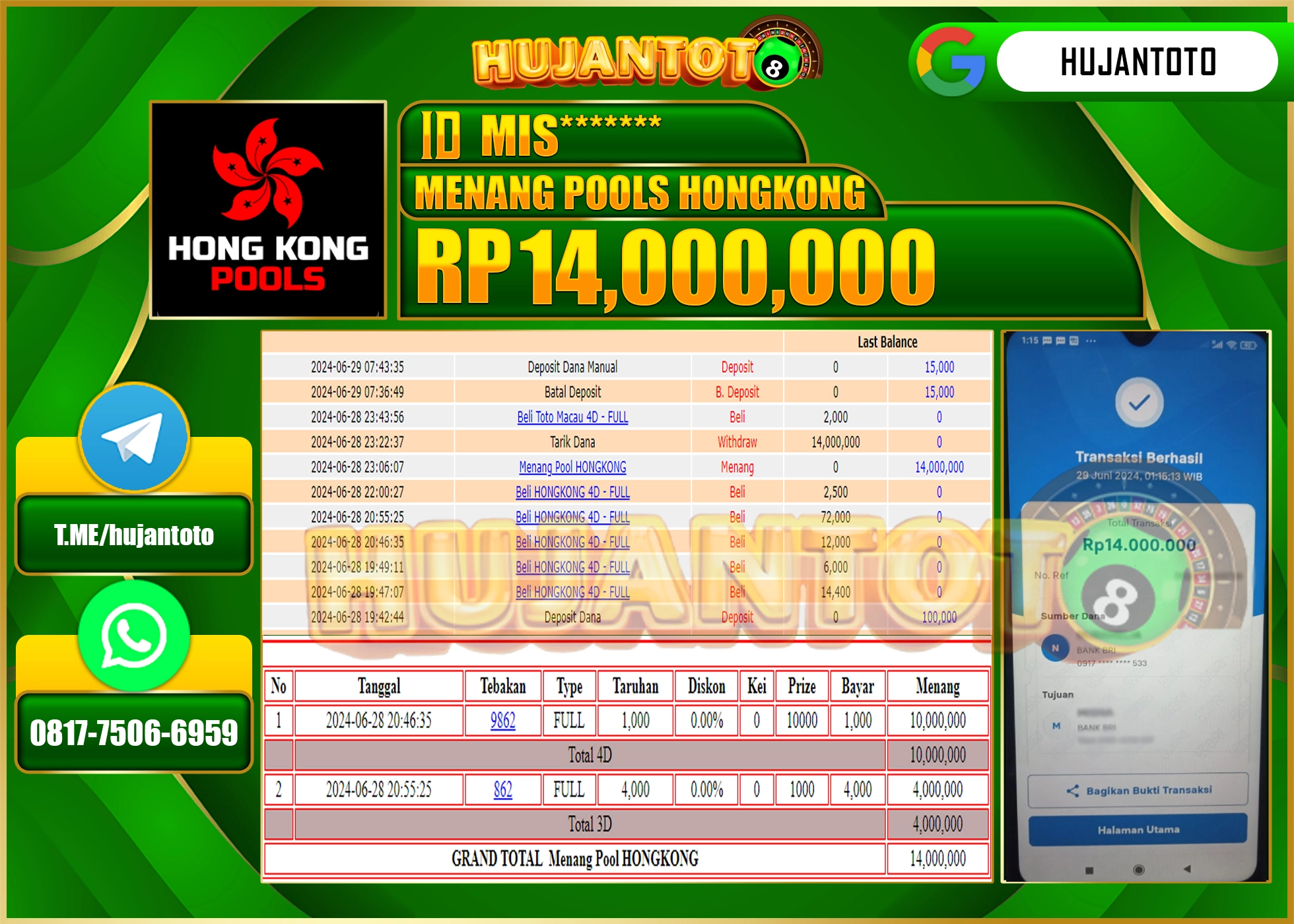 HUJANTOTO MENANG HONGKONG POOLS 14,000,000 - LUNAS 