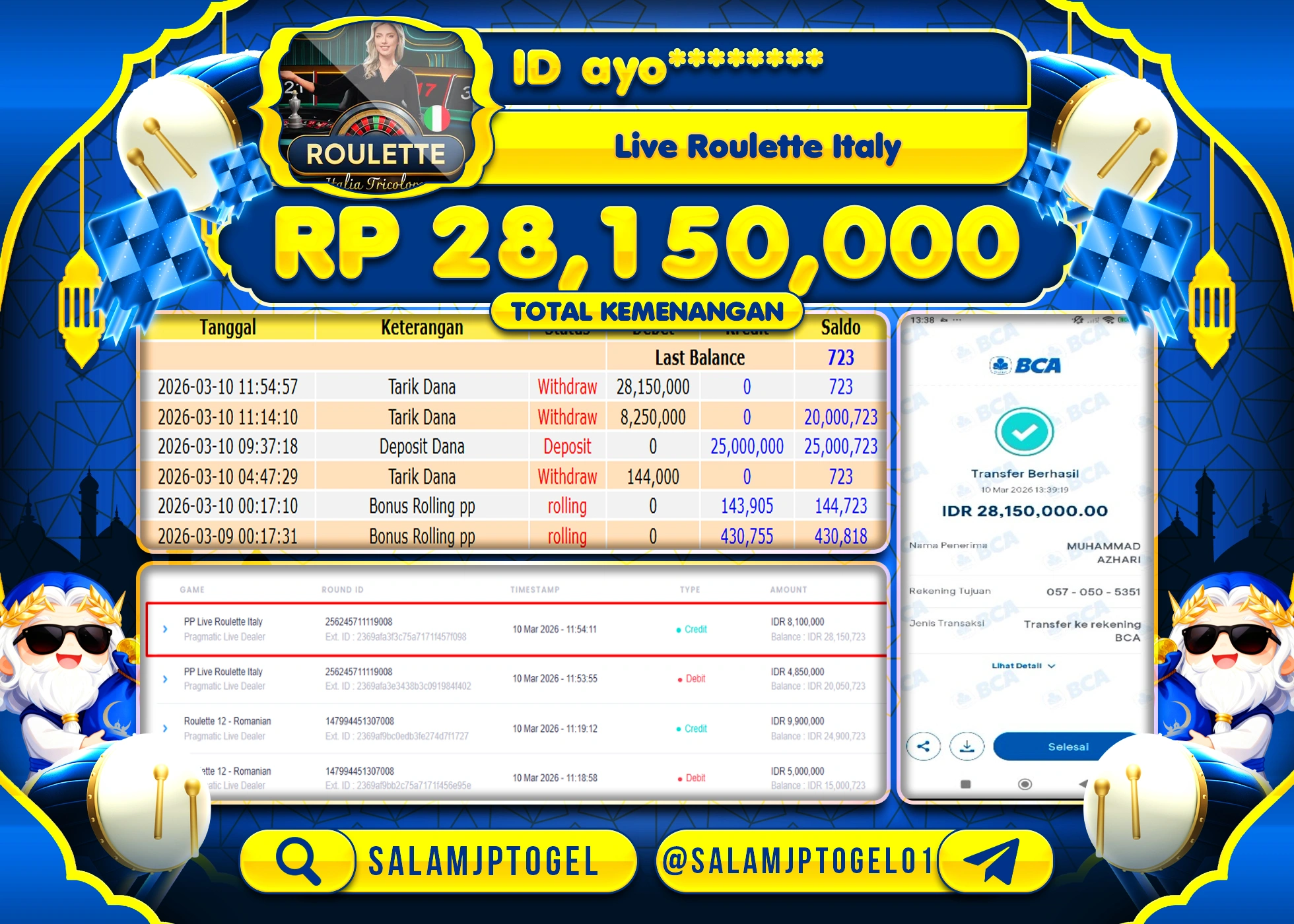 SALAMJPTOGEL JACKPOT LIVE ROULLETE ITALY Rp.28,150,000 - LUNAS