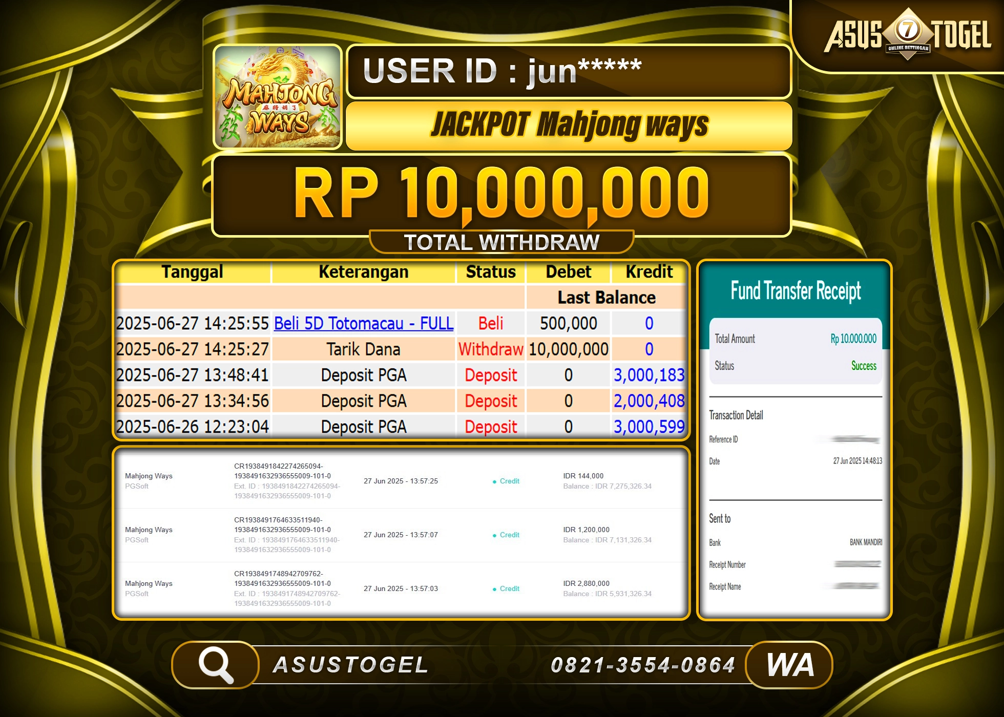 ASUSTOGEL KEMENANGAN DI SLOT MAHJONG WAYS SEBESAR 10,000,000- RUPIAH LUNAS
