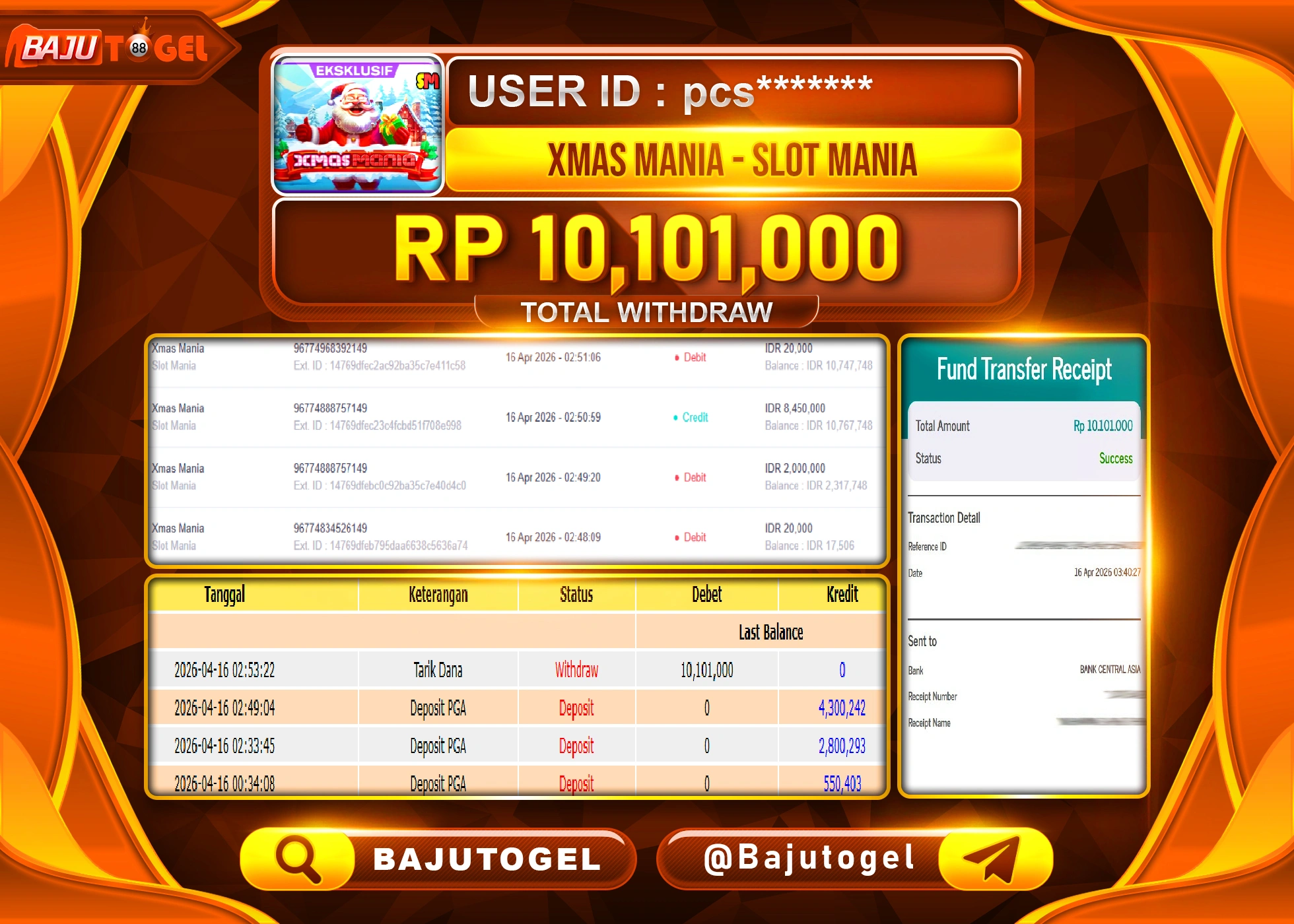 BAJUTOGEL KEMENANGAN XMAS  MANIA - SLOT MANIA Rp.10,101,000 LUNAS