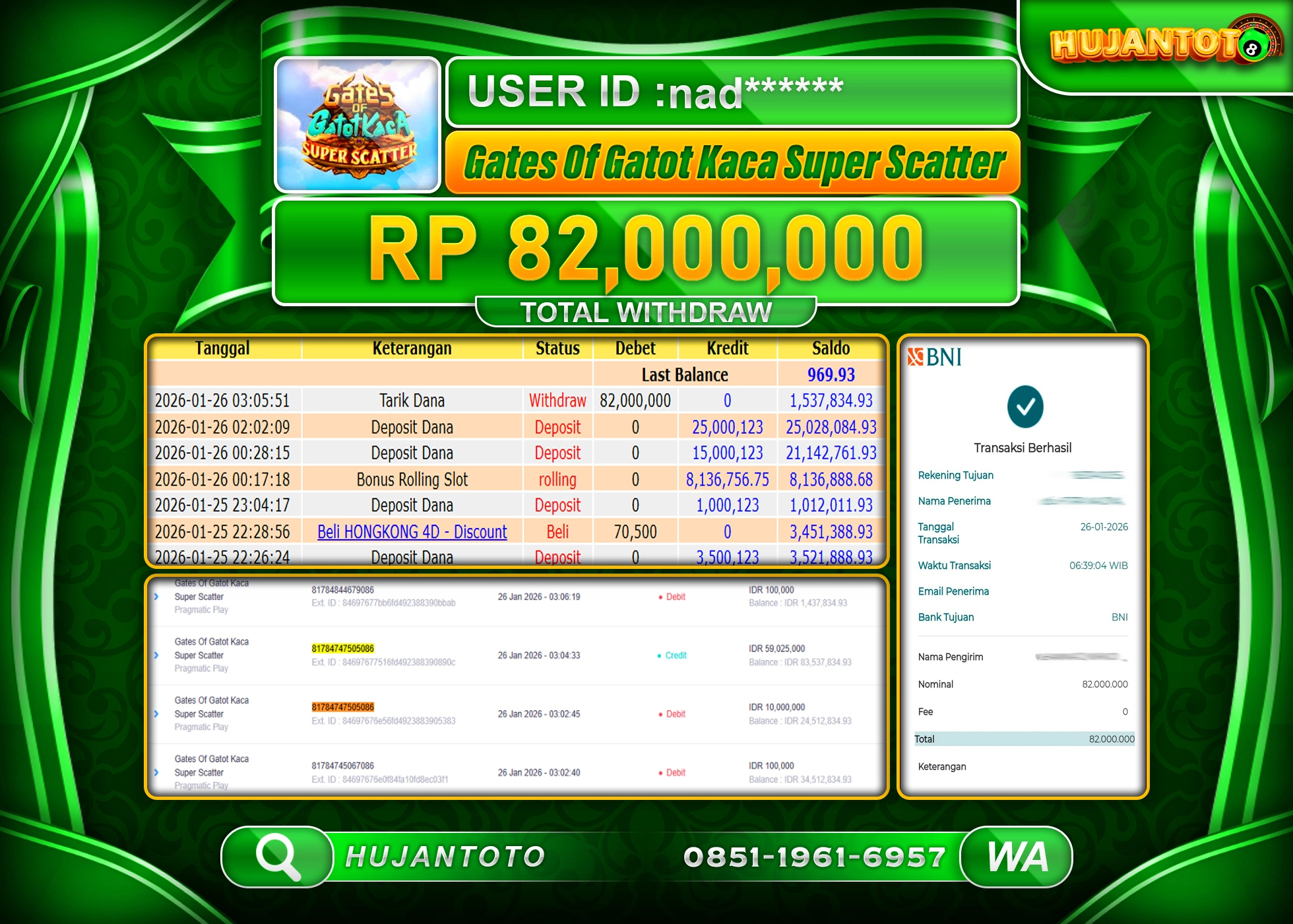 HUJANTOTO - BUKTI JACKPOT GATES OF GATOT KACA SUPER SCATTER Rp.82,000,000 - TERBAYAR LUNAS