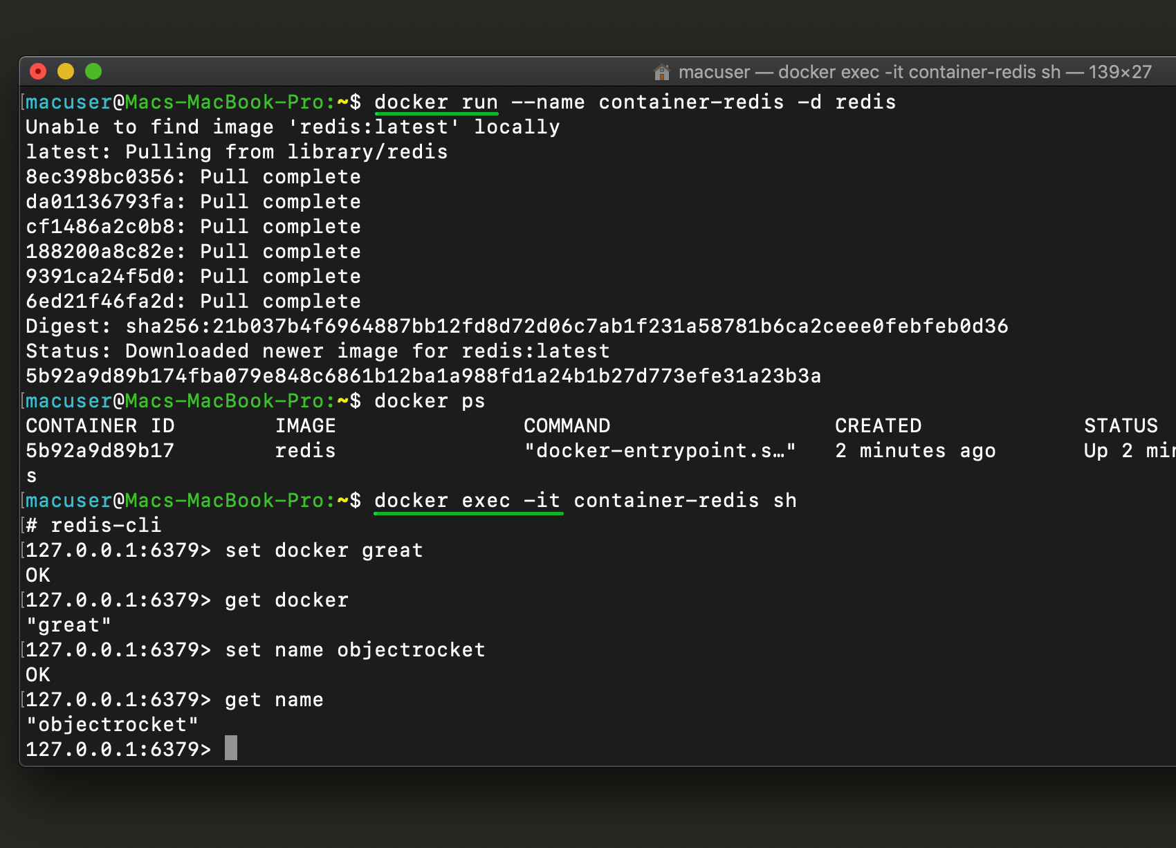 Screenshot of Redis Docker container docker run and docker exec