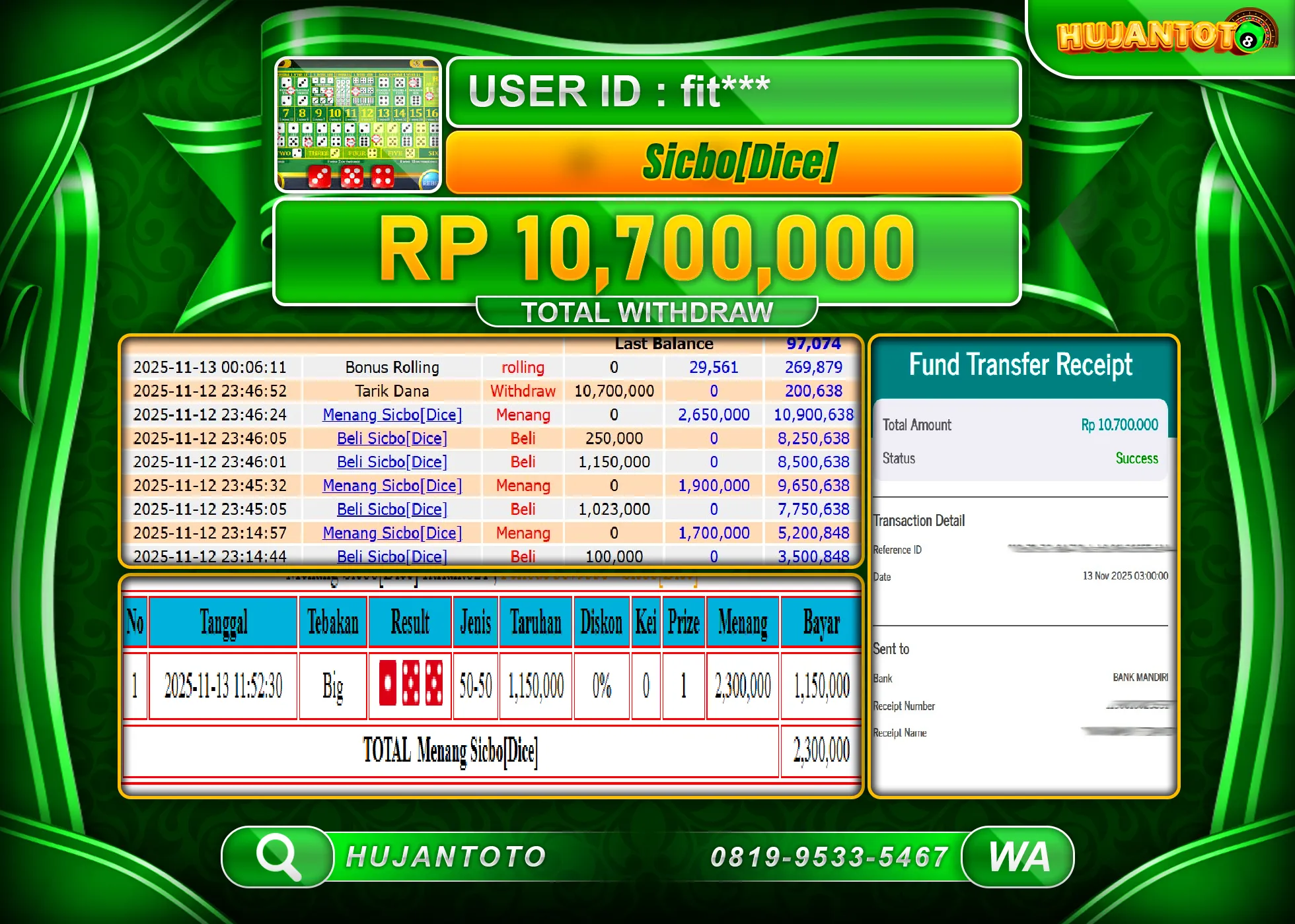 HUJANTOTO - BUKTI JACKPOT MENANG LIVE GAMES SICBO DICE Rp.10,700,000 - TERBAYAR LUNAS