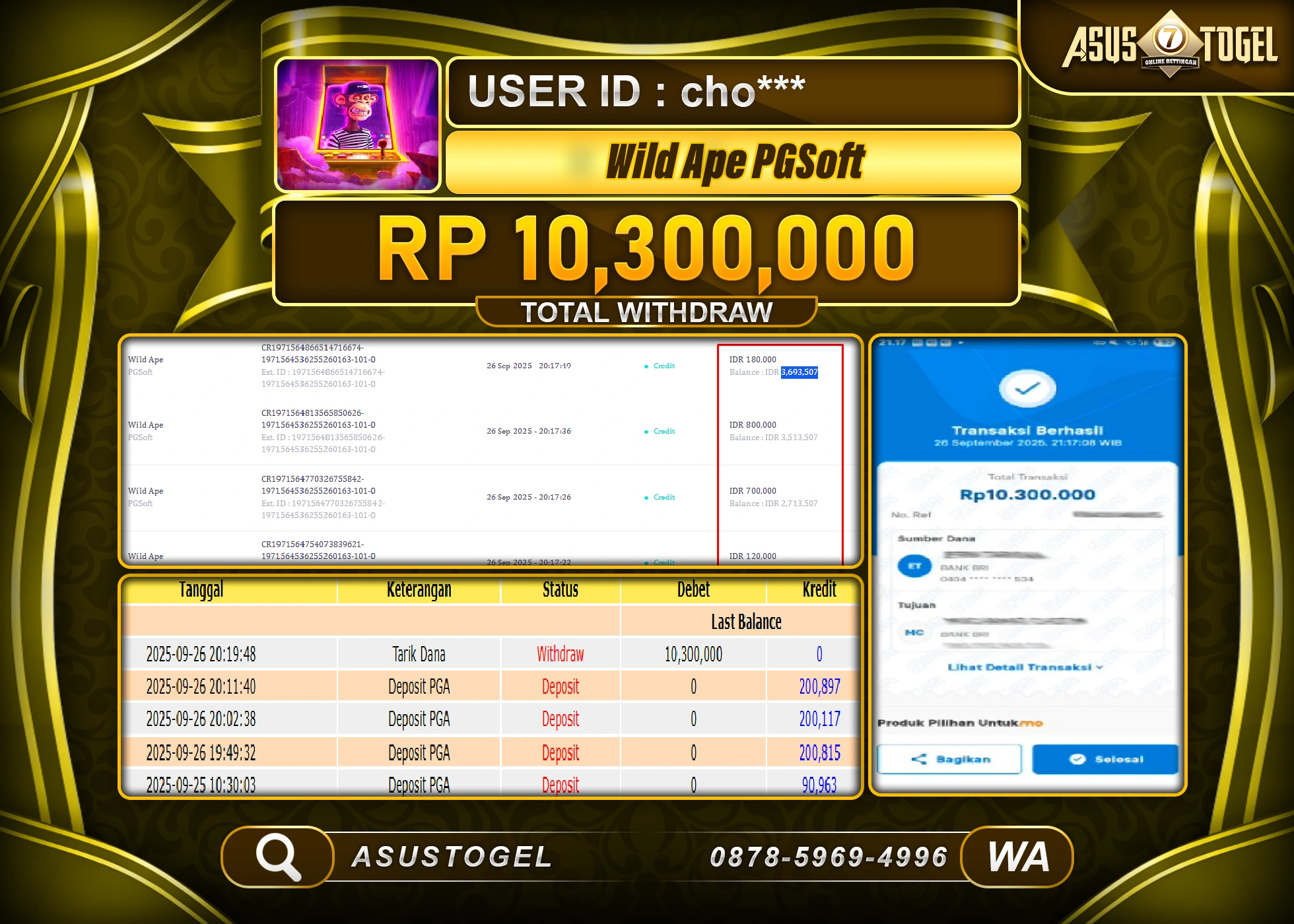 ASUSTOGEL KEMENANGAN DI SLOT WILD APE PGSOFT SEBESAR 10,300,000- RUPIAH LUNAS