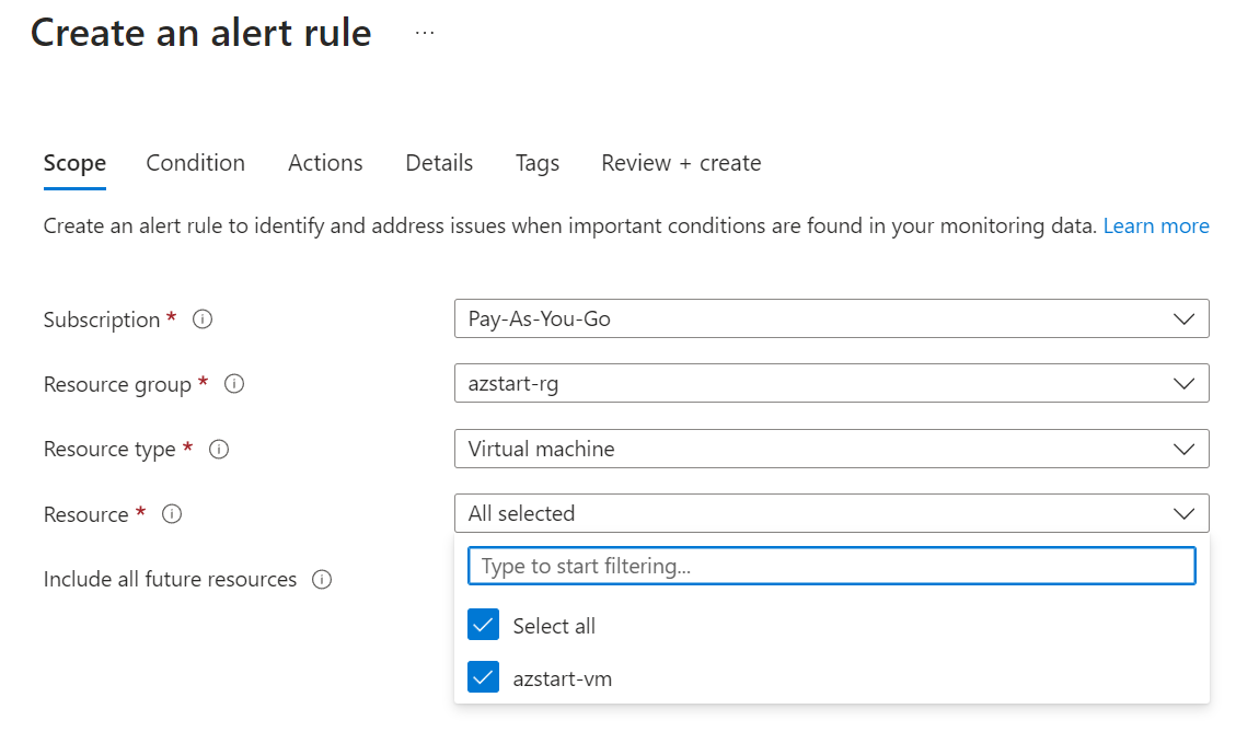 Create an alert rule - resource health