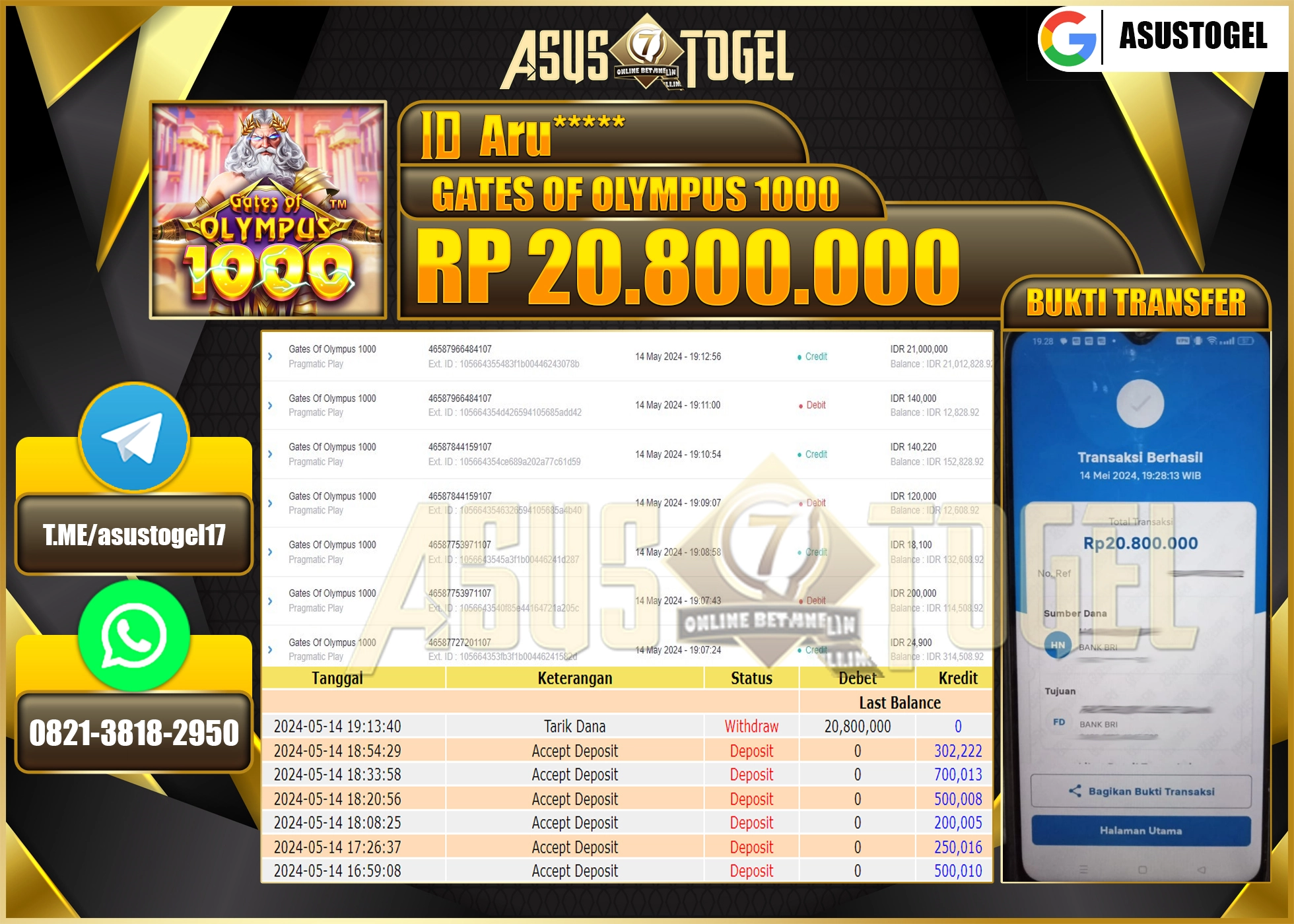 ASUSTOGEL KEMENANGAN BESAR GATES OF OLYMPUS X1000 20.800.000-LUNAS