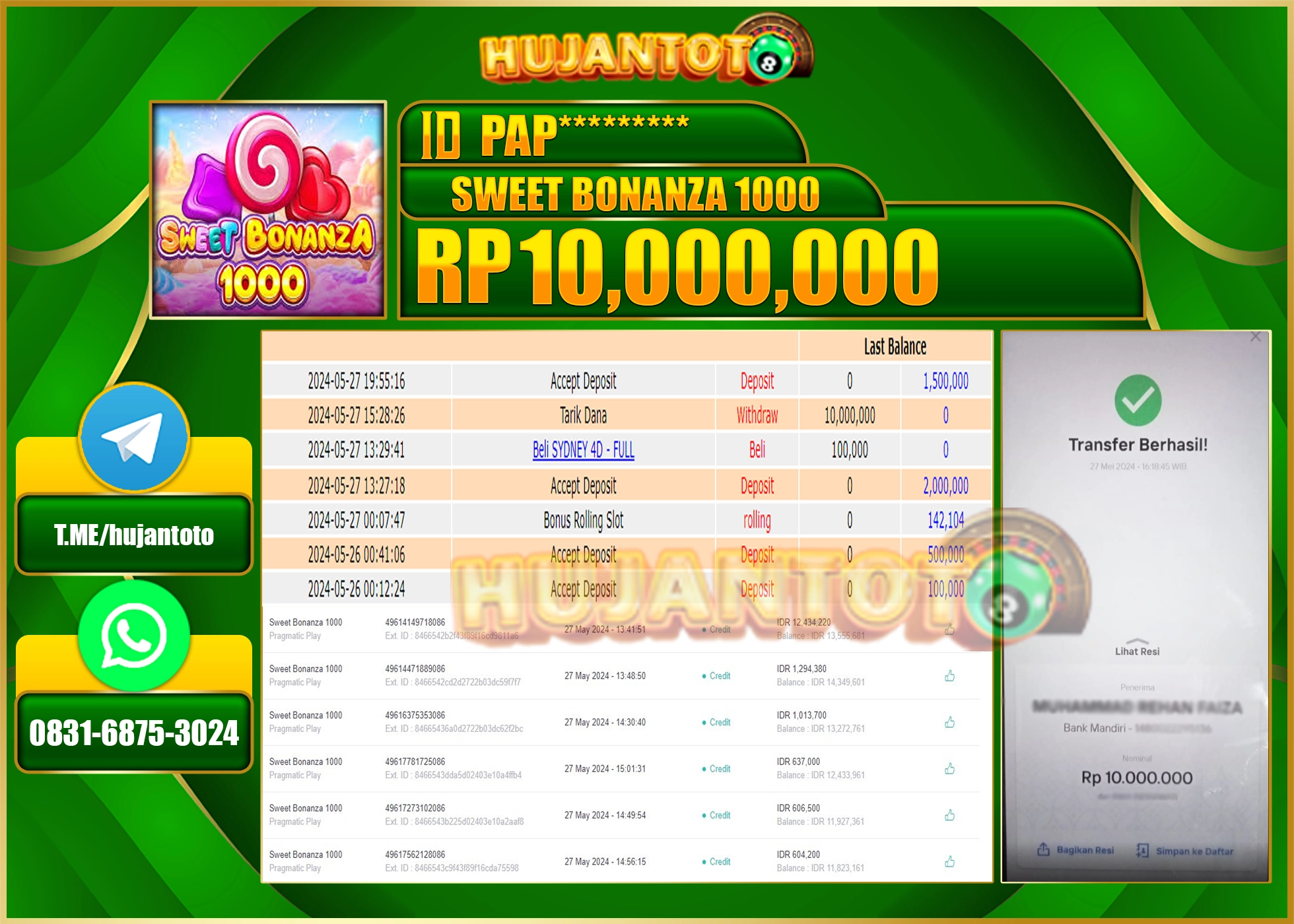 HUJANTOTO MENANG SLOT SWEET BONANZA 1000 10,000,000 - LUNAS 