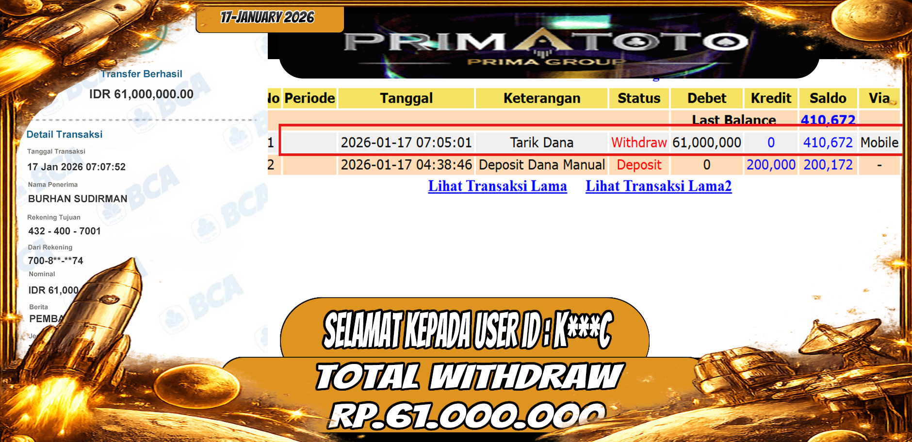 PRIMATOTO-JACKPOT SLOT GAME MAHJONG WAYS 3 WIN HINGGA RP.61JT, 17 JANUARI 2026