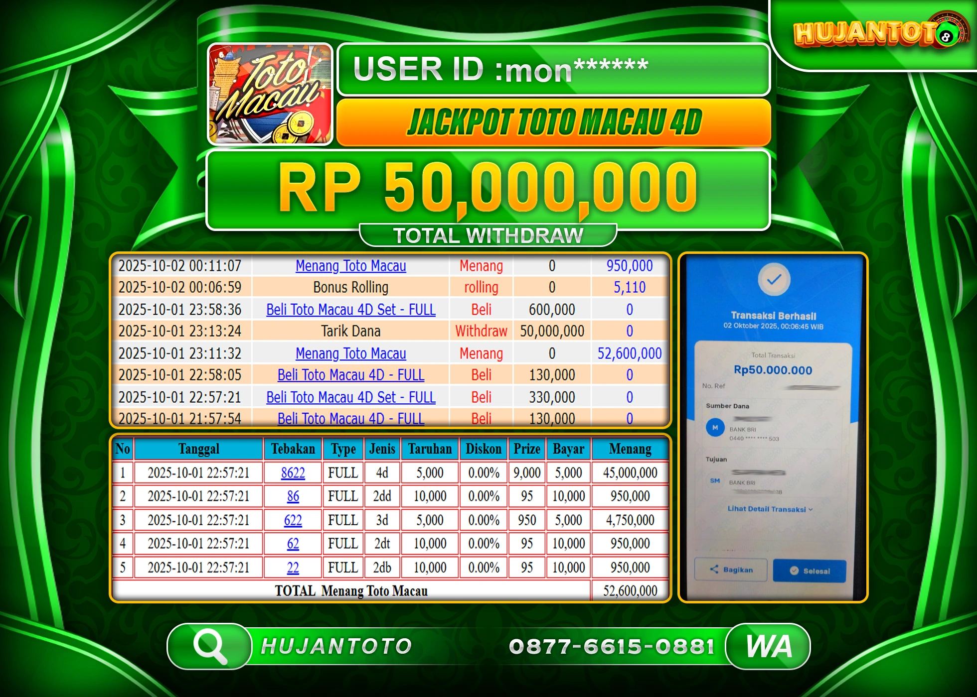HUJANTOTO - BUKTI JACKPOT MENANG TOGEL TOTO MACAU 4D Rp.50,000,000 - TERBAYAR LUNAS