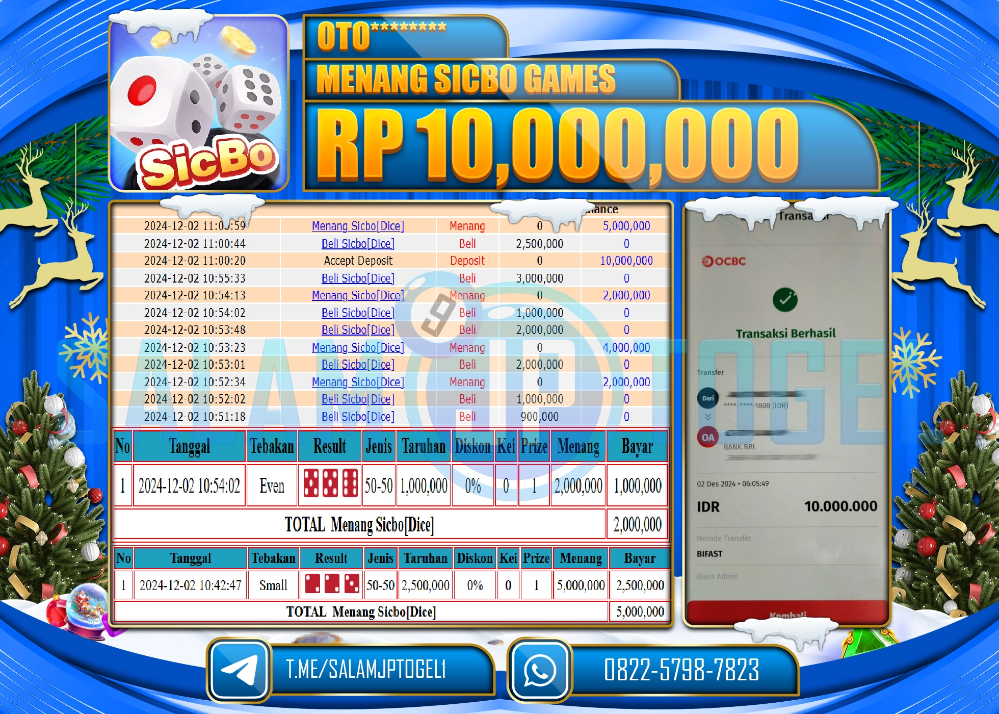 SALAMJPTOGEL MENANG LIVE GAMES SICBO DICE RP. 10,000,000 LUNAS