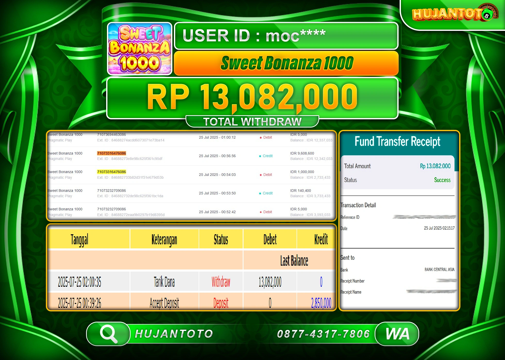 HUJANTOTO - BUKTI JACKPOT MENANG SLOT SWEET BONANZA 1000 Rp.13,082,000 - TERBAYAR LUNAS