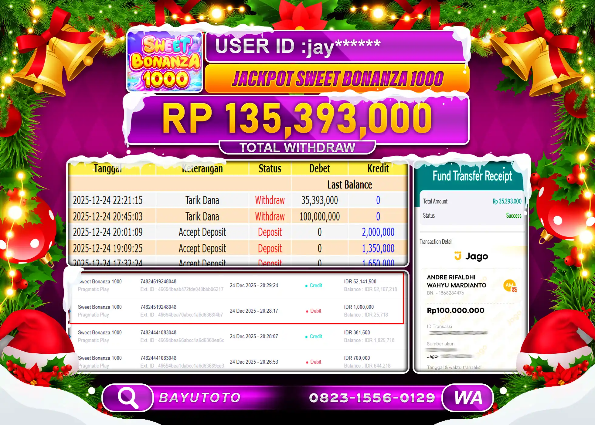 SELAMAT MEMBER SETIA BAYUTOTO JACKPOT DI SWEET BONANZA 1000 Rp. 135,393,000 LUNAS
