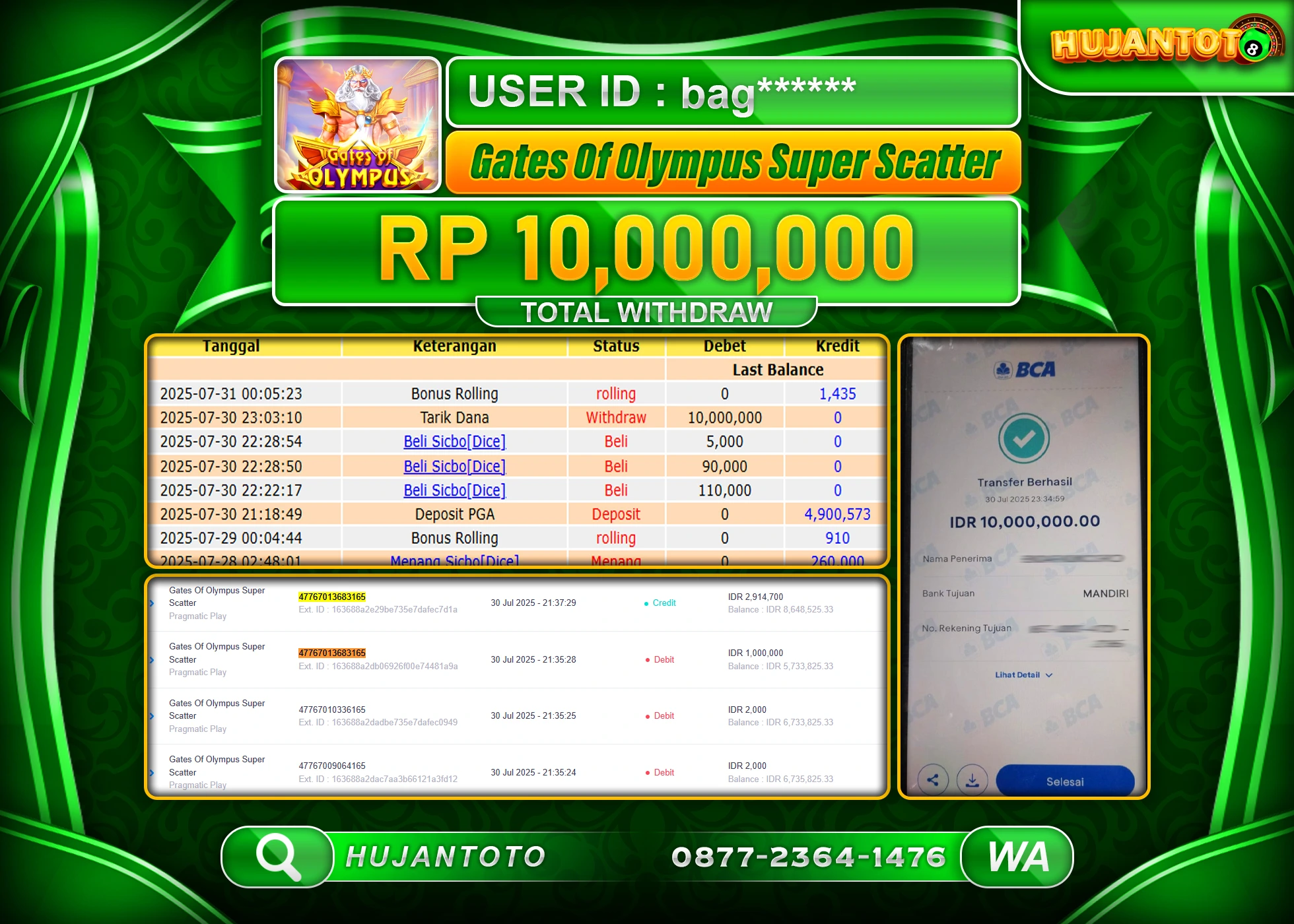 HUJANTOTO - BUKTI JACKPOT MENANG SLOT GATES OF OLYMPUS SUPER SCATTER Rp.10,000,000 - TERBAYAR LUNAS