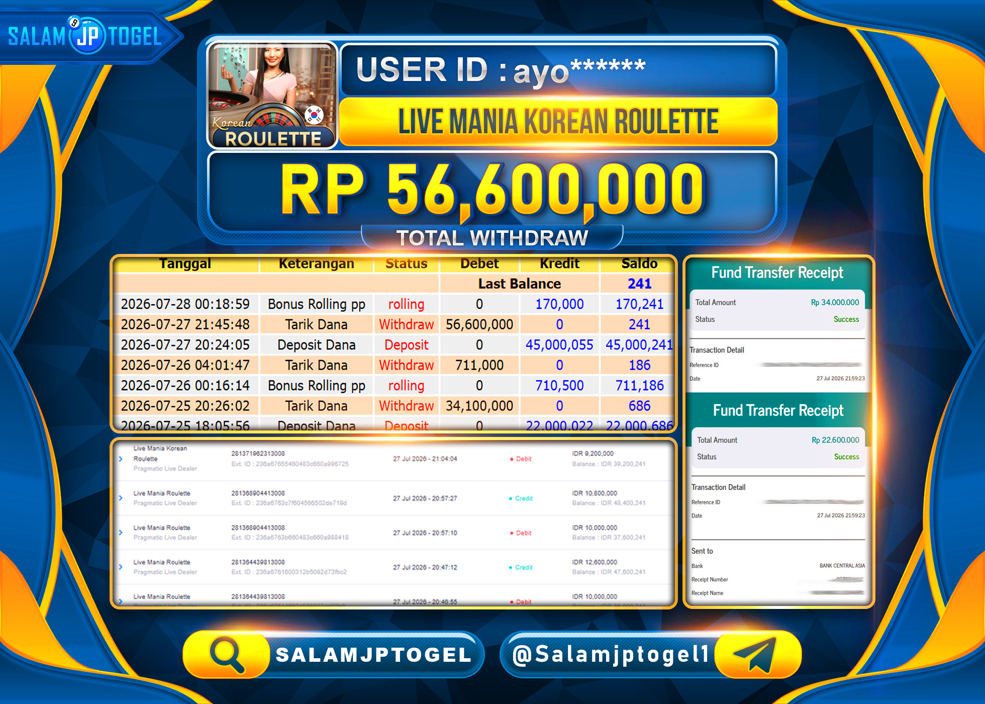 SALAMJPTOGEL JACKPOT MENANG Live Mania Korean Roulette Rp.56,600,000 - LUNAS