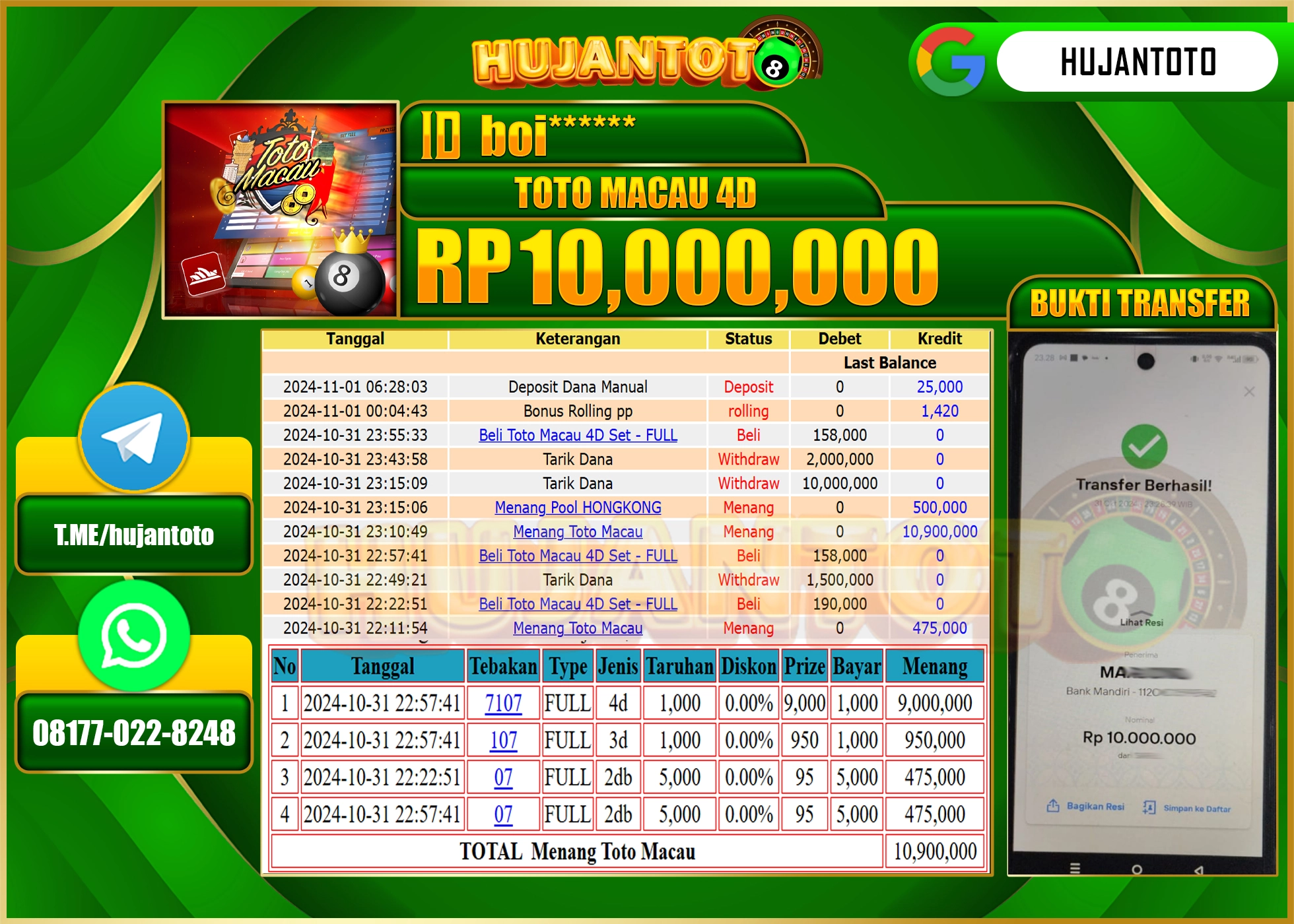 HUJANTOTO MENANG DI PERMAINAN TOTO MACAU 4D, SEBESAR - 10,000,000  - LUNAS