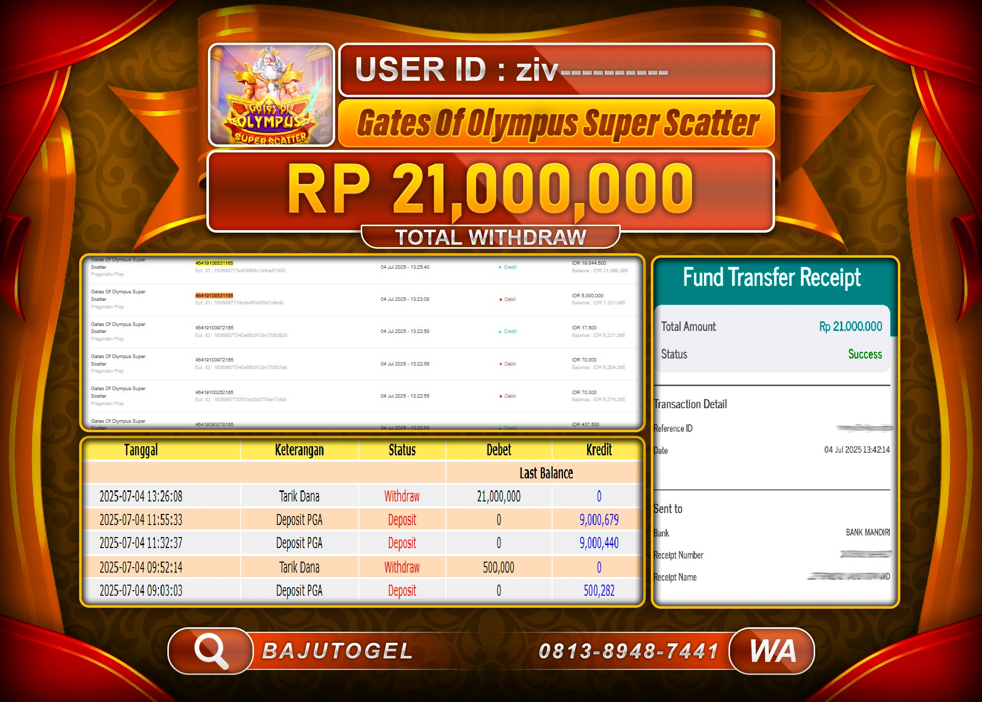 BAJUTOGEL MENANG GATES OF OLYMPUS SUPER SCATTER  Rp.21.000.000 LUNAS