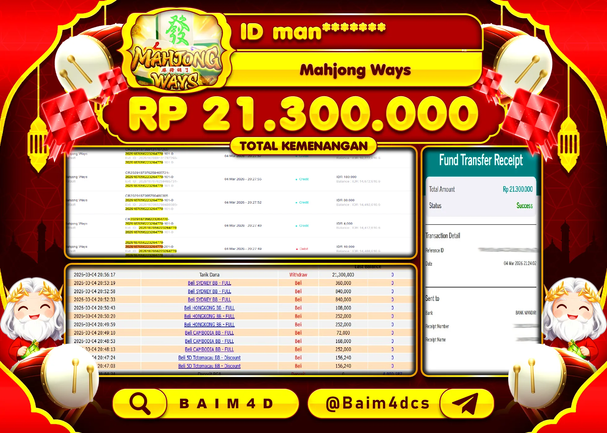 BAIM4D JACKPOT  SLOT MAHJONG WAYS  Rp.21,300,000 - LUNAS