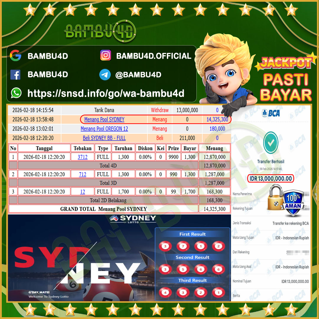 BAMBU4D JACKPOT TOGEL SYDNEY LOTTO Rp.14.325.300,- LUNAS