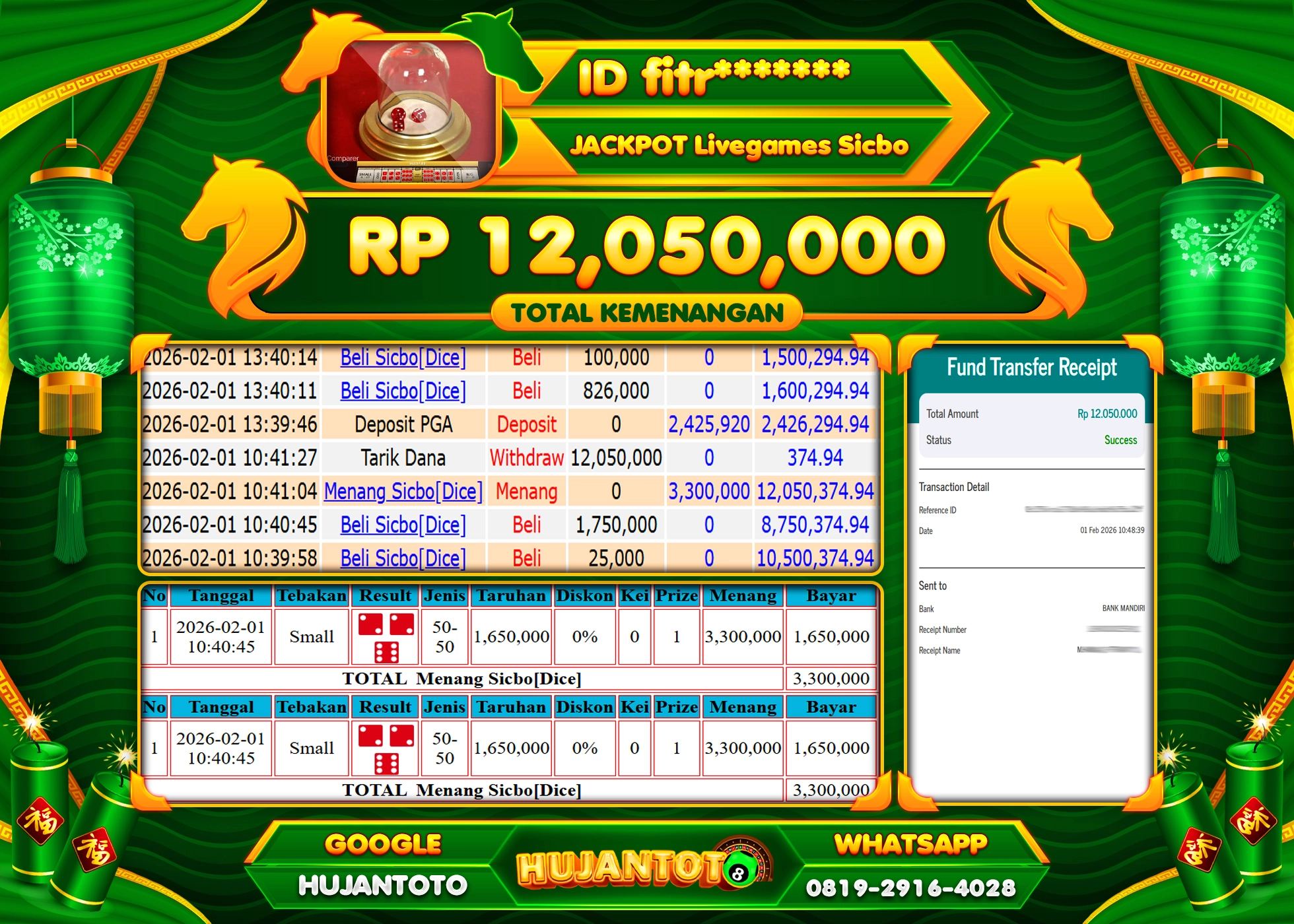 HUJANTOTO - BUKTI JACKPOT MENANG LIVEGAMES SICBO Rp.12,050,000 - TERBAYAR LUNAS