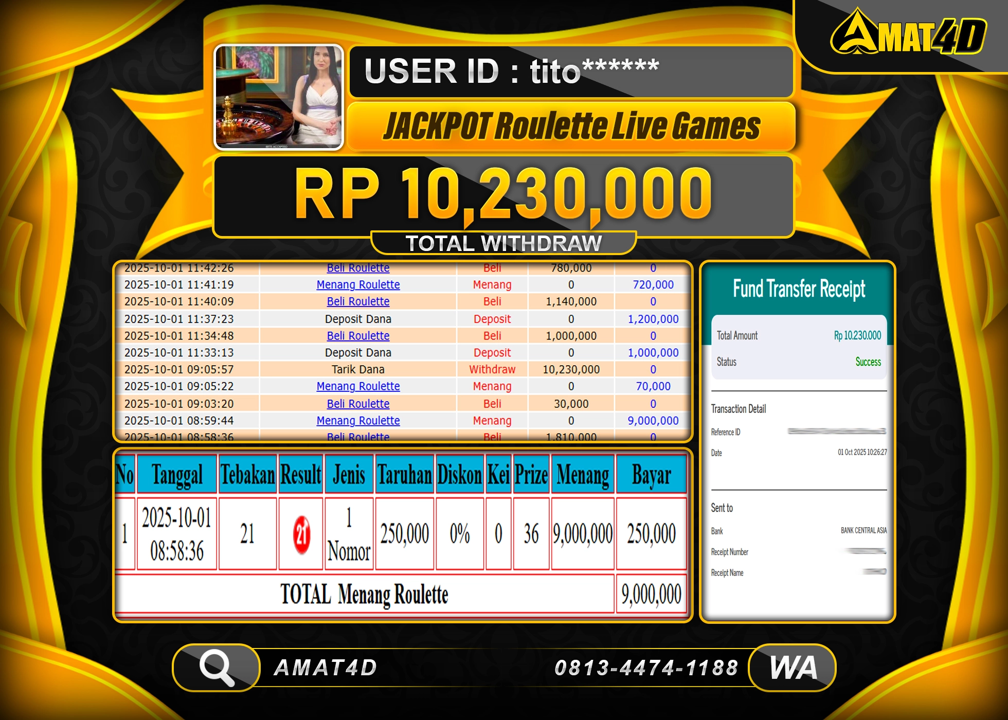 AMAT4D KEMENANGAN JACKPOT ROULETTE LIVE GAMES  Rp.10.230.000 BERHASIL TERBAYAR LUNAS