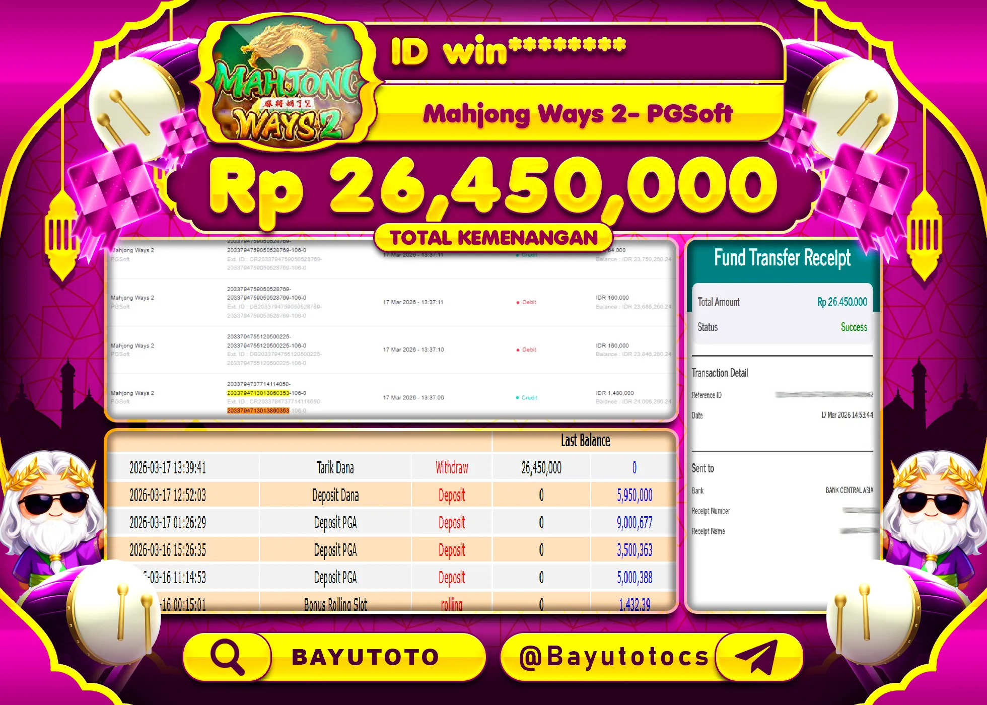 SELAMAT MEMBER SETIA BAYUTOTO JACKPOT DI SLOT MAHJONG WAYS 2(PGSOFT) Rp. 26,450,000 LUNAS