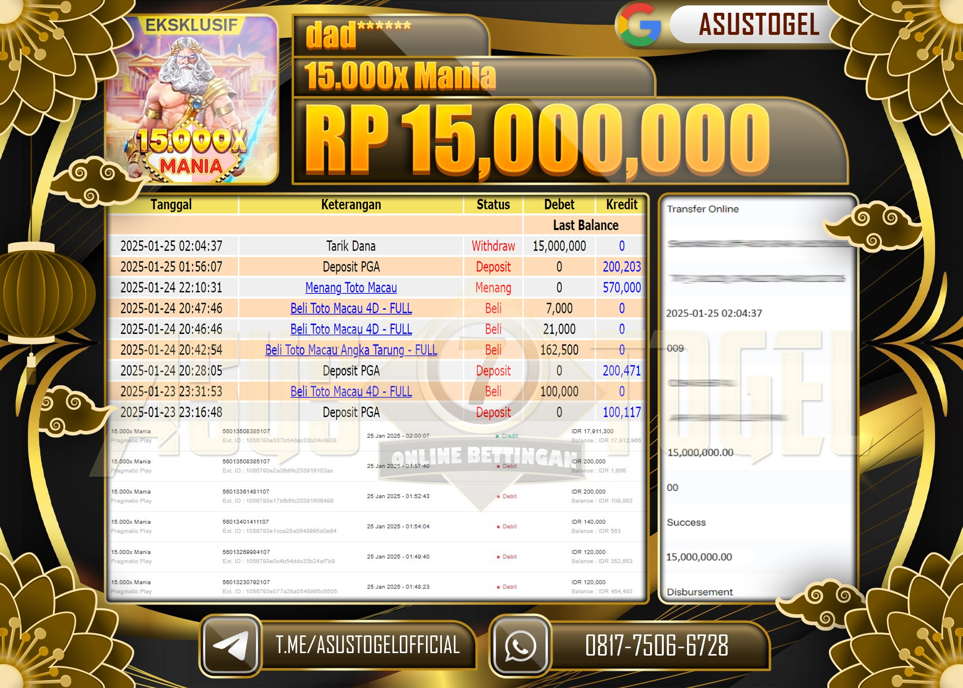 ASUSTOGEL KEMENANGAN DI 15.000X MANIA GAMES SEBESAR 15.000.000 - RUPIAH LUNAS