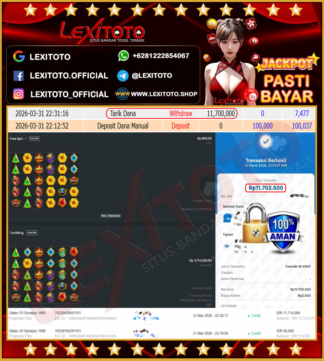 LEXITOTO JACKPOT SLOT GATES OF OLYMPUS 1000 Rp.11.700.000,- LUNAS