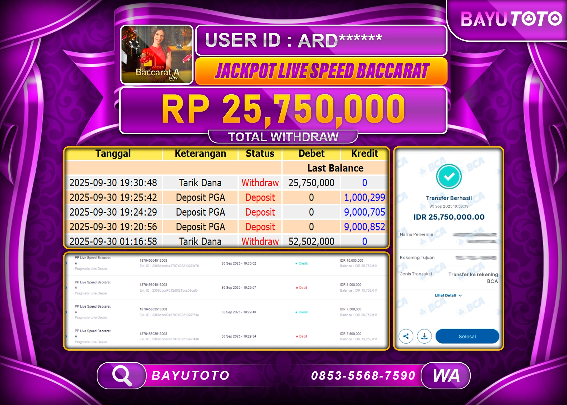 BAYUTOTO JACKPOT DI GAME  LIVEGAMES PP LIVE SPEED BACCARAT A Rp.25,750,000 LUNAS