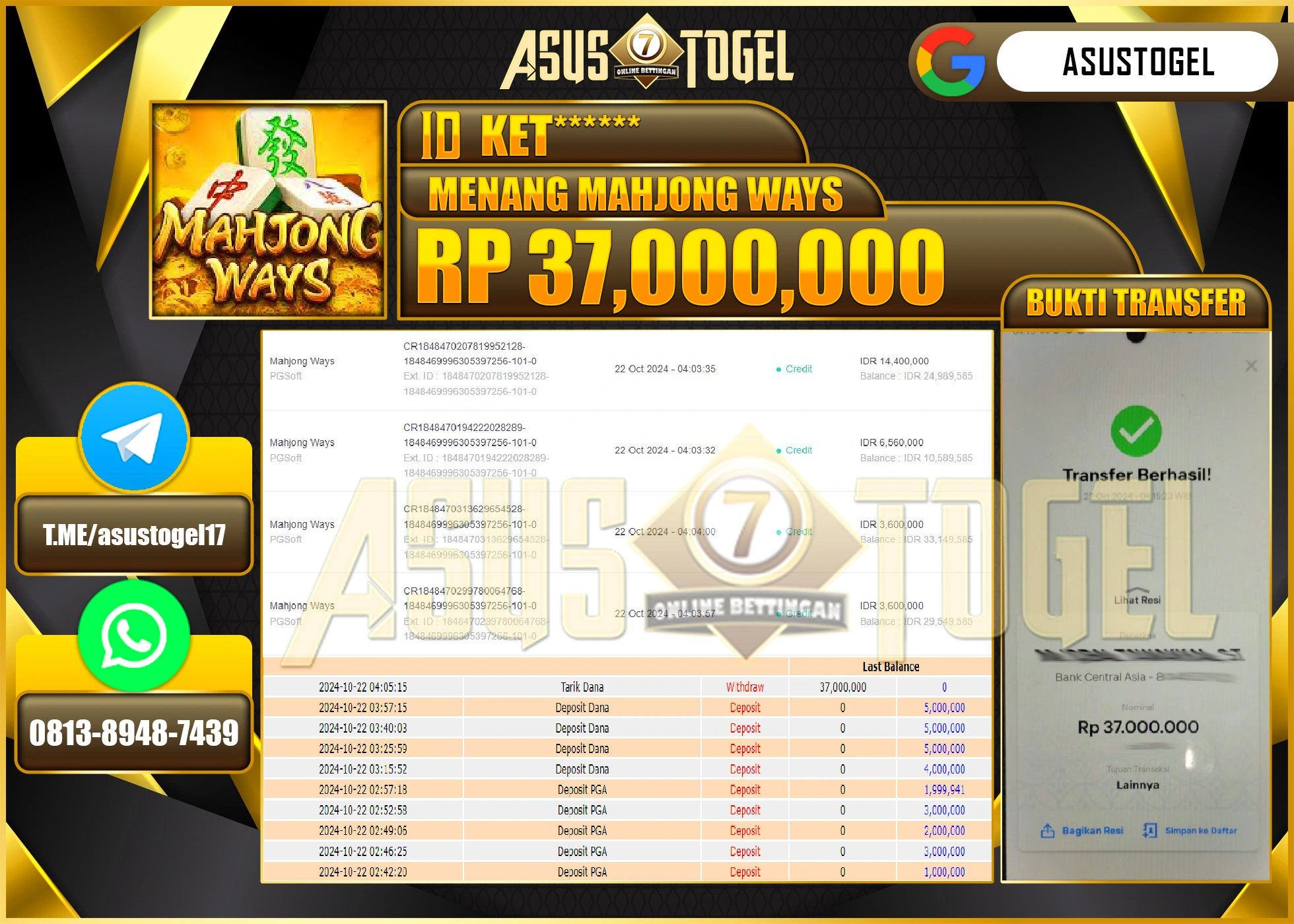 ASUSTOGEL KEMENANGAN DI GAMES MAHJONG WAYS  SEBESAR 37,000,000- RUPIAH LUNAS