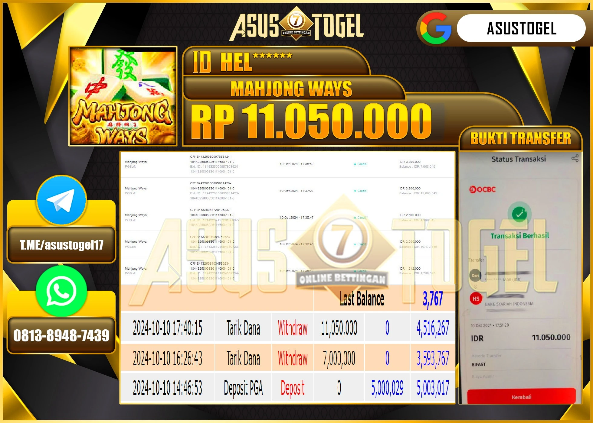 ASUSTOGEL KEMENANGAN  DI GAMES   MENANG    MAHJONG WAYS    SEBESAR 11,050,000- RUPIAH LUNAS