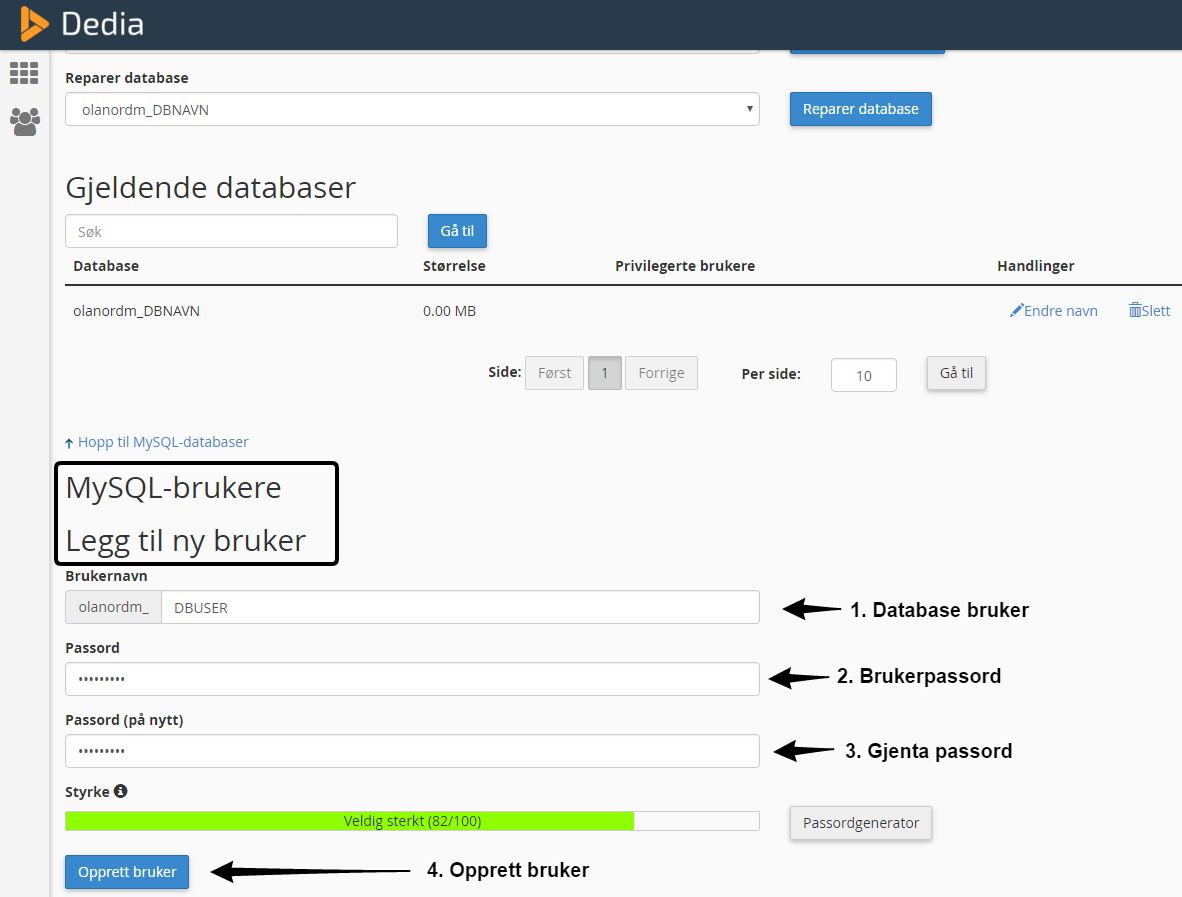 Hvordan opprette SQL-database m/bruker - Kunnskapsbase - Dedia AS