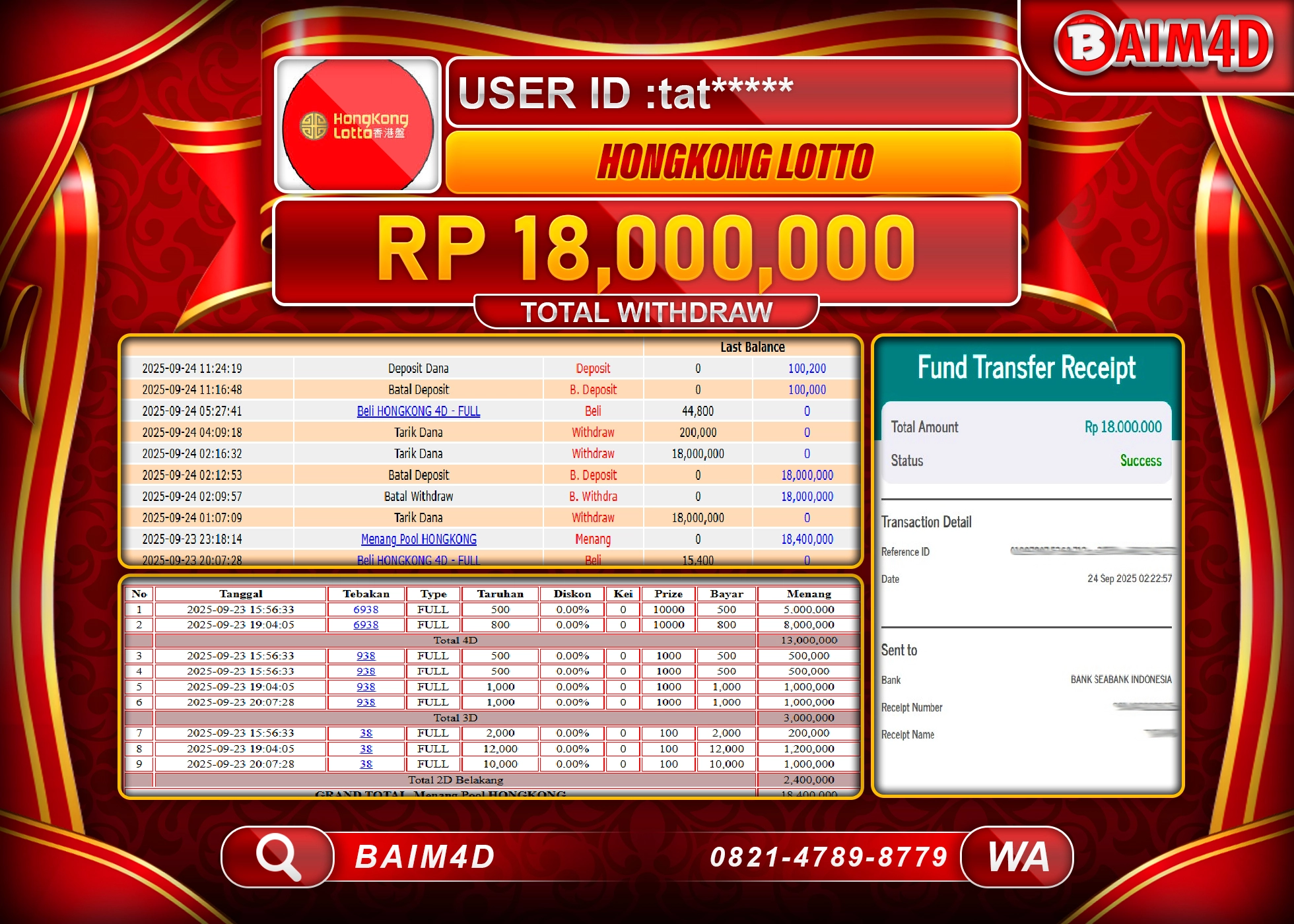 BAIM4D JACKPOT TOGEL HONGKONG LOTTO Rp.18,000,000.- LUNAS