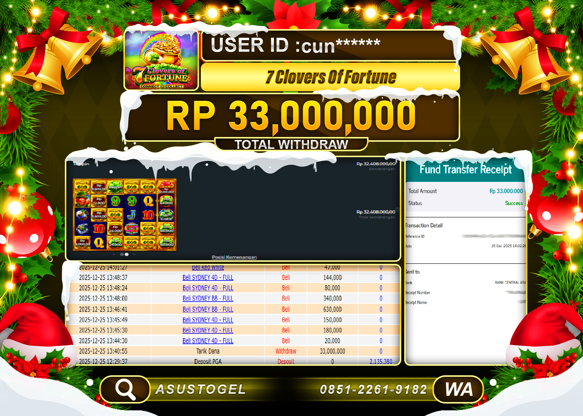 ASUSTOGEL KEMENANGAN DI SLOT 7CLOVERS OF FORTUNE SEBESAR 33,000,000 - RUPIAH LUNAS