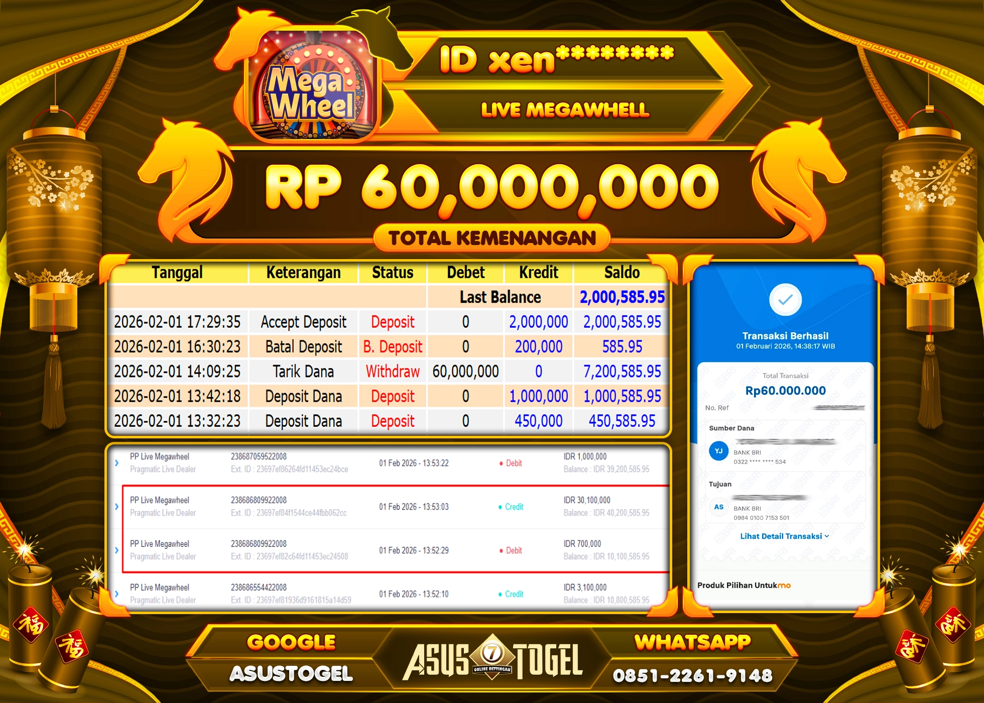 ASUSTOGEL KEMENANGAN DI LIVE GAMES MEGAWHELL SEBESAR 60,000,000 - RUPIAH LUNAS