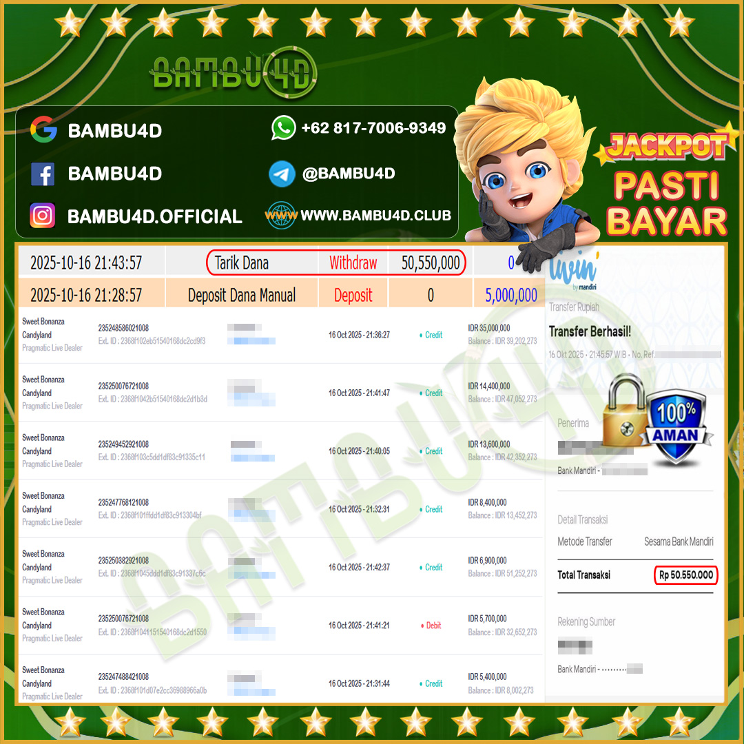 BAMBU4D JACKPOT PRAGMATICLIVE SWEET BONANZA CANDYLAND Rp.50.550.000,- LUNAS