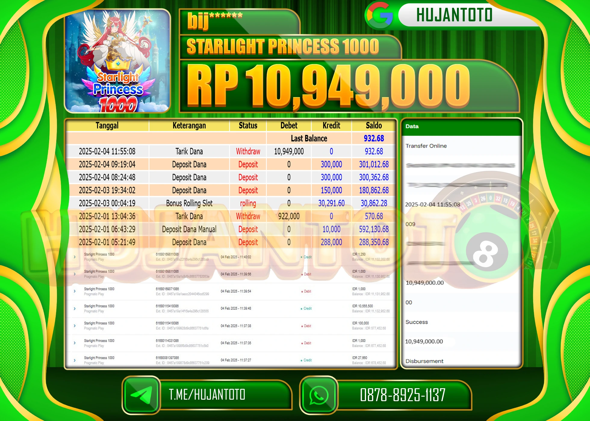 HUJANTOTO - BUKTI JACKPOT MENANG SLOT STARLIGHT PRINCESS 1000 Rp,10,949,000 - TERBAYAR LUNAS