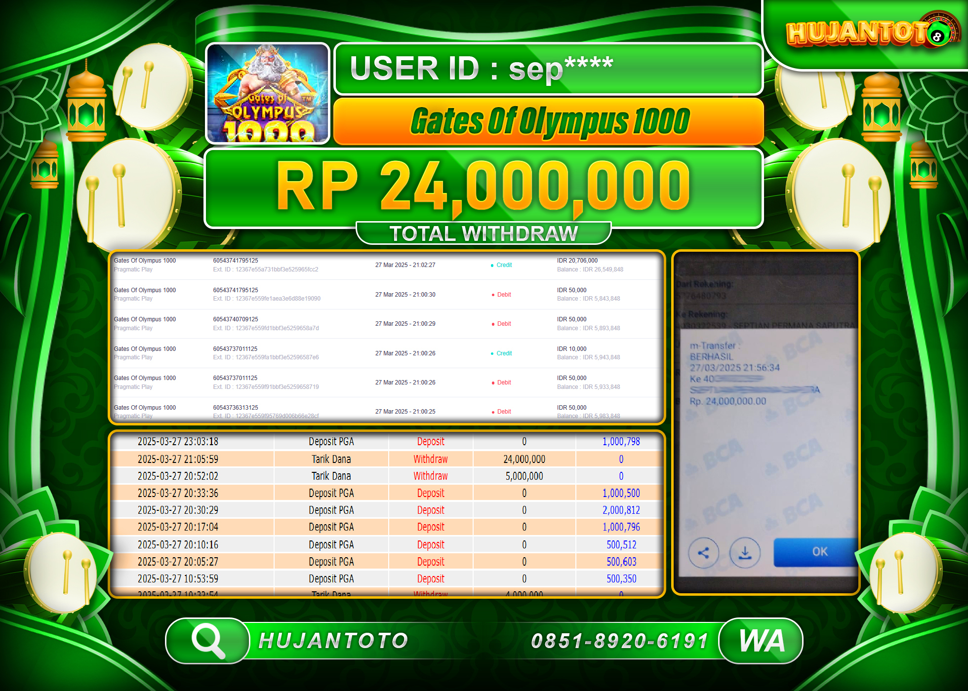 HUJANTOTO - BUKTI JACKPOT MENANG GAME GATES OF OLYMPUS 1000 Rp,24,000,000  - TERBAYAR LUNAS