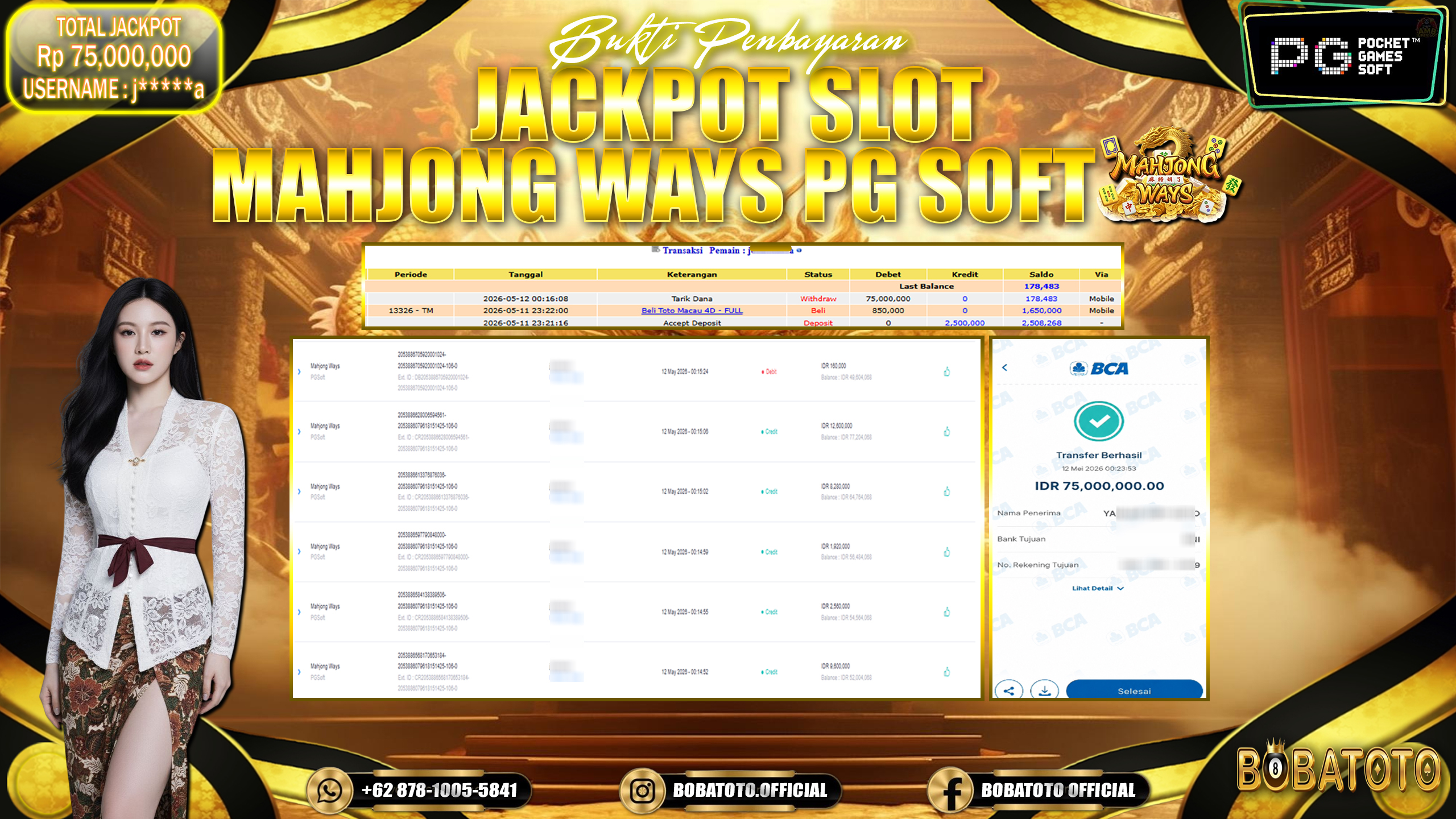 BOBATOTO JACKPOT  SLOT MAHJONG WAYS PG SOFT Rp.75,000,000,- LUNAS!!!