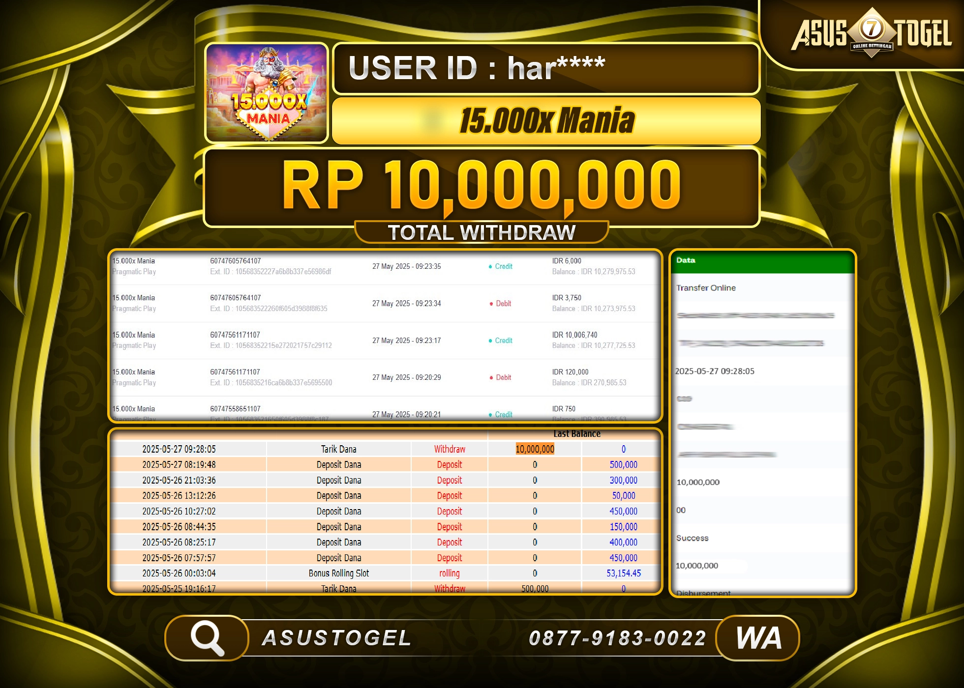  ASUSTOGEL KEMENANGAN DI SLOT 15.000X MANIA SEBESAR 10,000,000- RUPIAH LUNAS