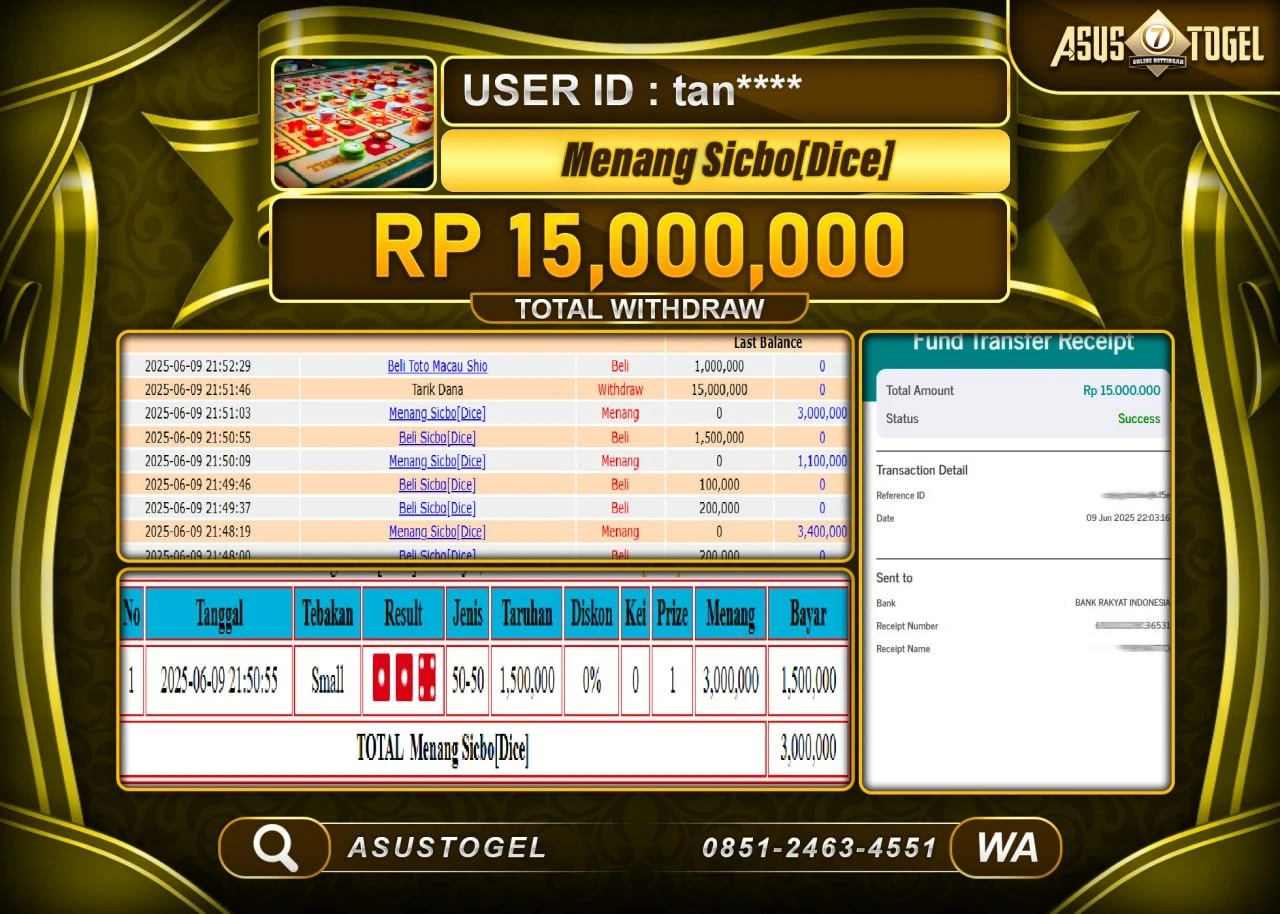 ASUSTOGEL KEMENANGAN DI LIVE GAME SICBO [DICE] SEBESAR 15,000,000- RUPIAH LUNAS