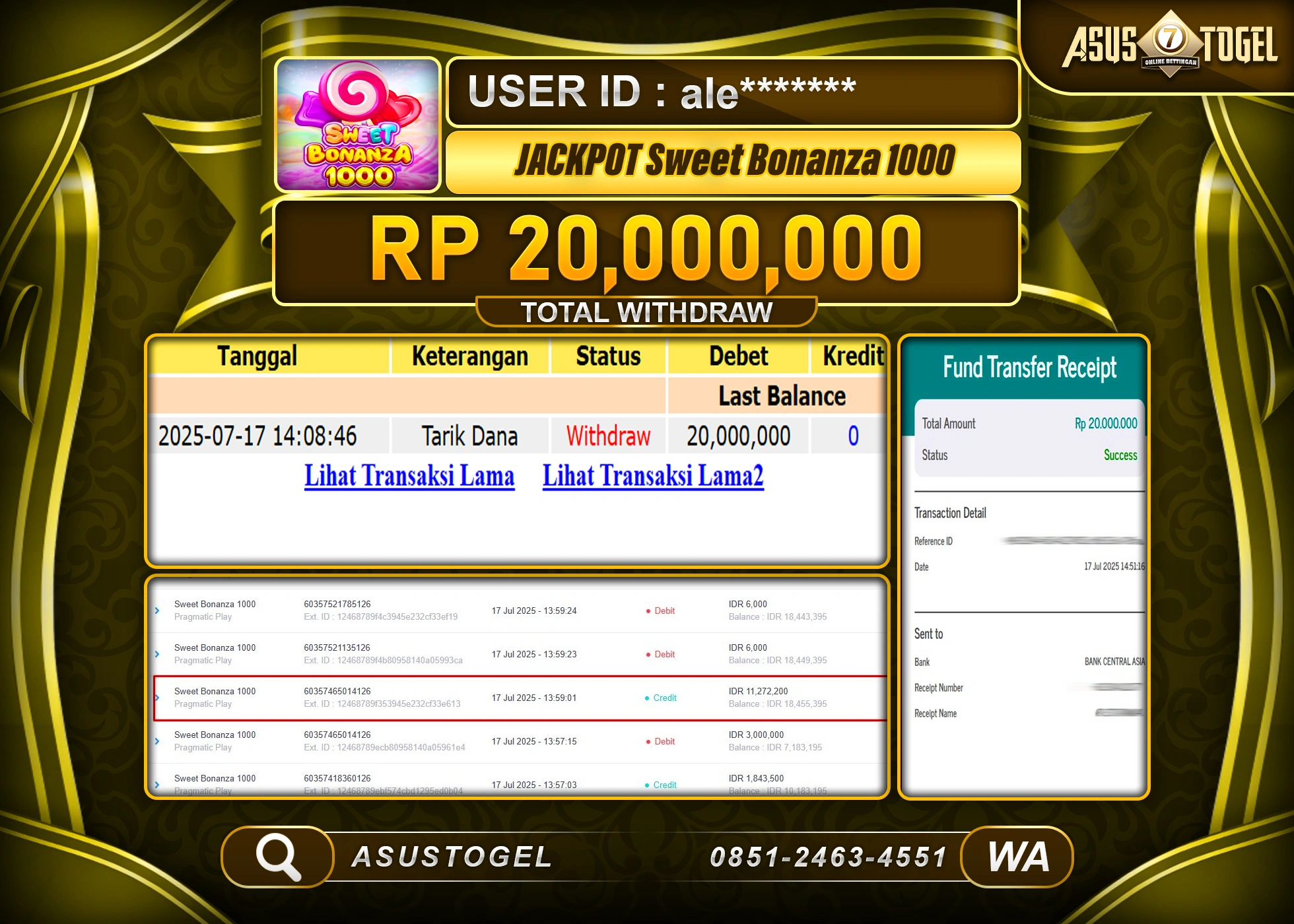 ASUSTOGEL KEMENANGAN DI SLOT SWEET BONANZA 1000 SEBESAR 20,000,000- RUPIAH LUNAS