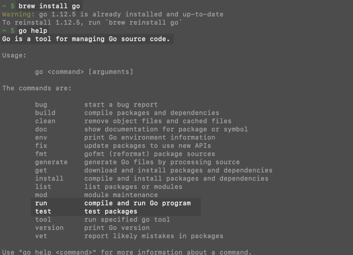 Screenshot of a macOS terminal using the ""brew install"" command to install GoLang