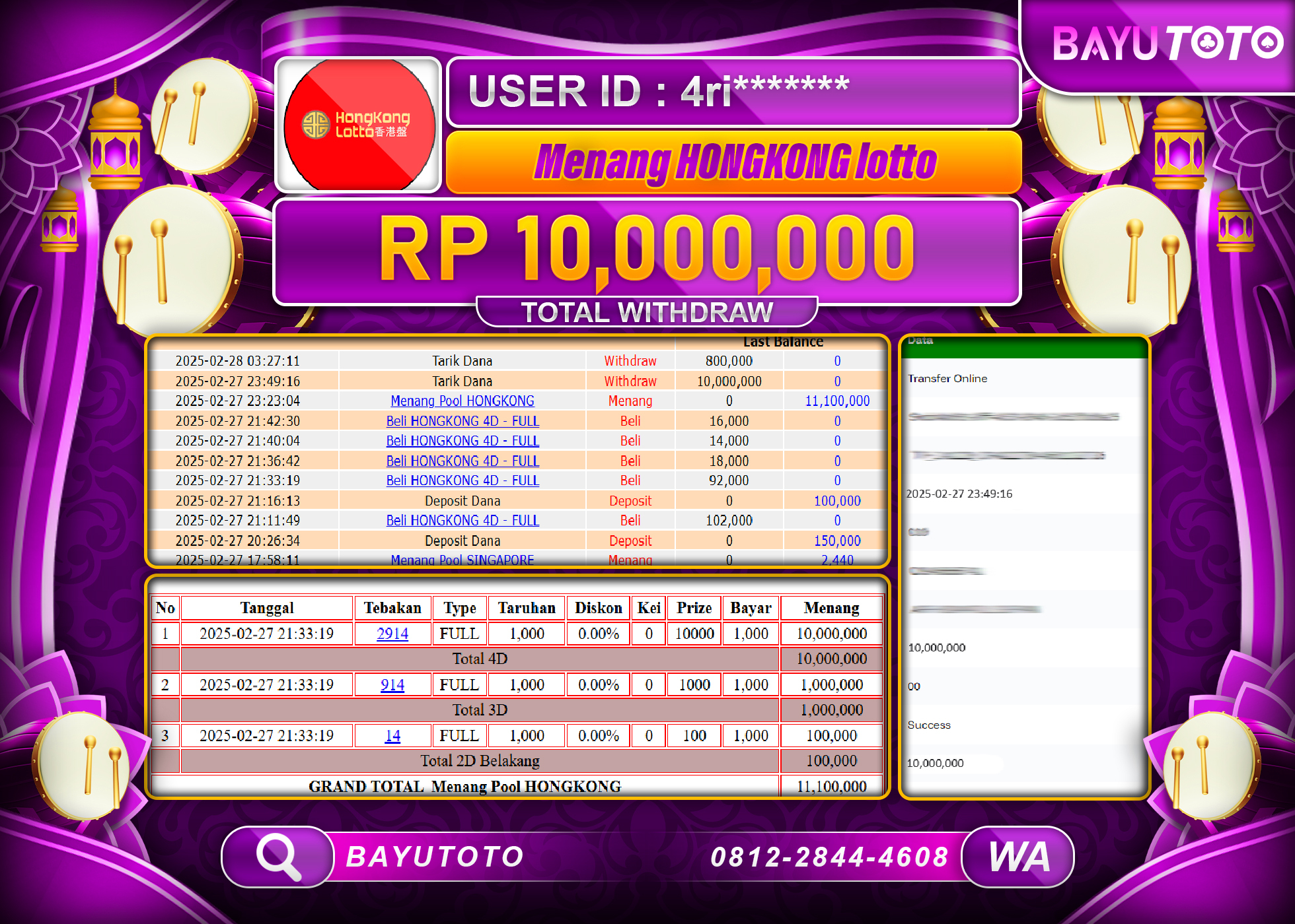 BAYUTOTO JACKPOT DIPASARAN HONGKONG LOTTO Rp.10.000.000 LUNAS