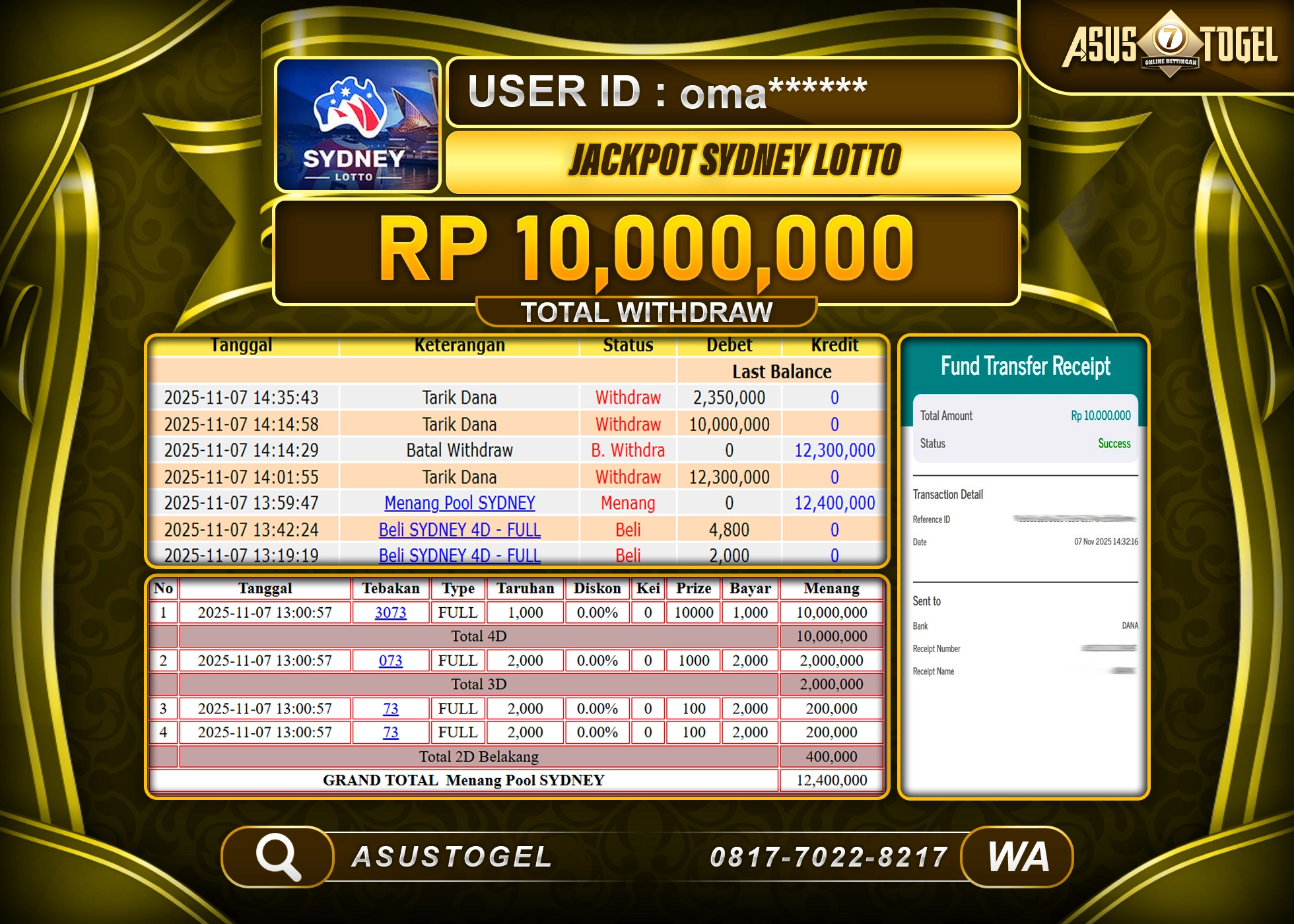 ASUSTOGEL KEMENANGAN DI TOGEL SYDNEY LOTTO SEBESAR 10,000,000 - RUPIAH LUNAS