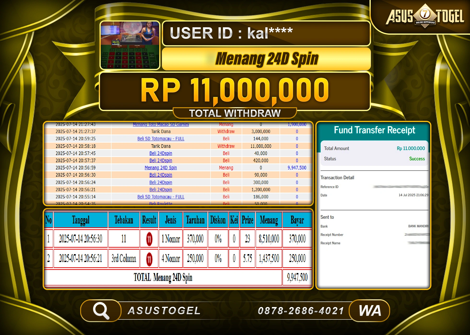 ASUSTOGEL KEMENANGAN DI LIVE GAME 24D SPIN SEBESAR 11,000,000- RUPIAH LUNAS