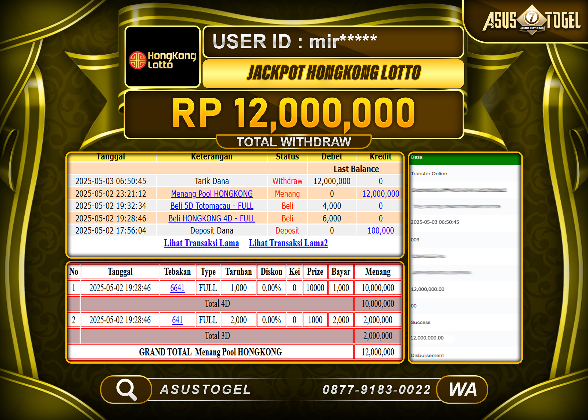 ASUSTOGEL KEMENANGAN DI TOGEL HONGKONG LOTTO SEBESAR 12,000,000- RUPIAH LUNAS