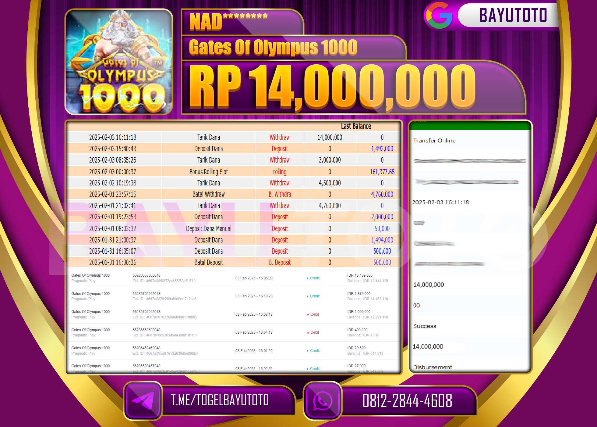 BAYUTOTO JACKPOT DI GAME GATES OF OLYMPUS 1000  Rp.14.000.000 LUNAS